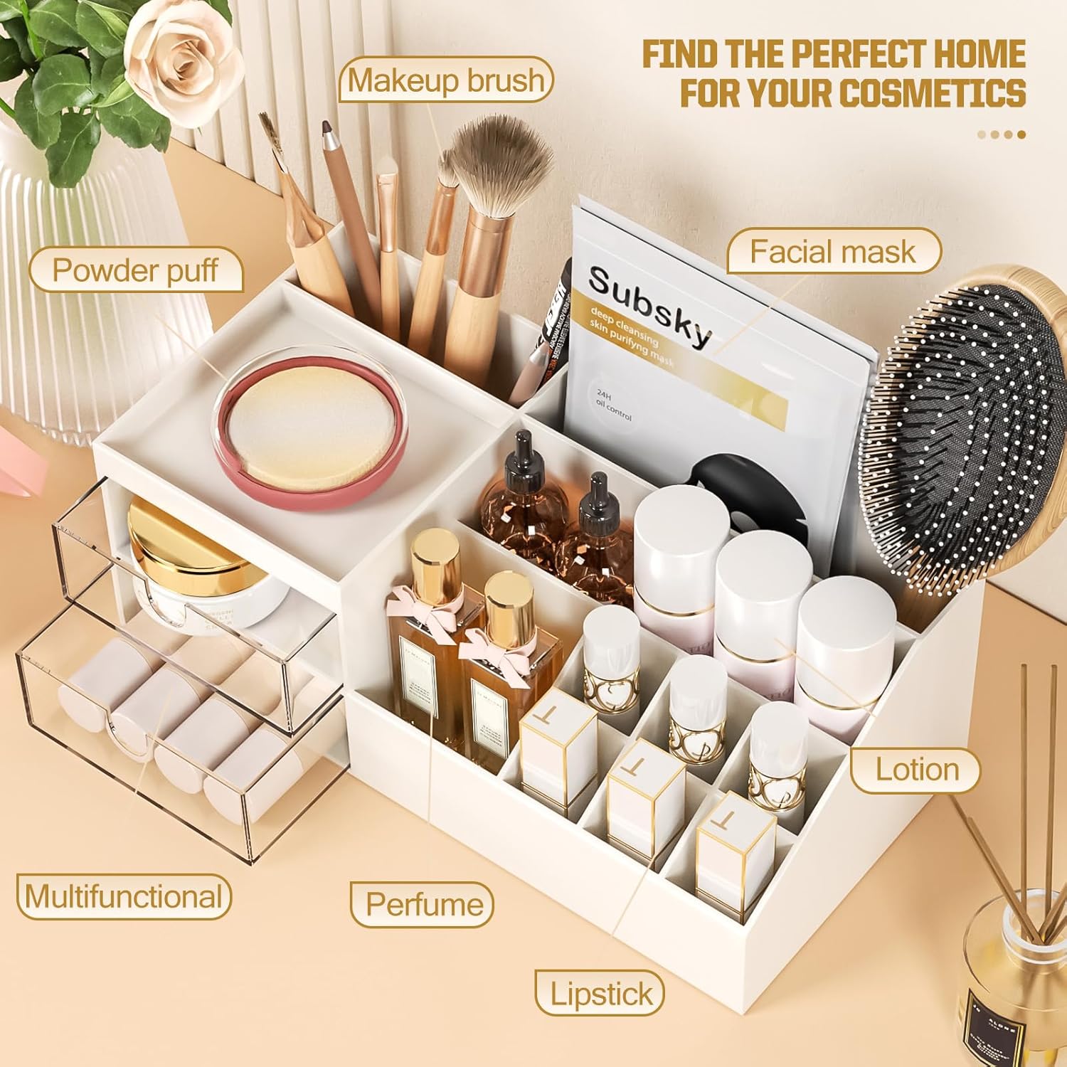 Private Label Subsky Makeup Organizer with Drawers, Easy Storage for Beauty Products Brushes, Multifunction Plastic Desk Organizer, Cosmetics Organizer for Countertop Dresser Vanity and Bathroom (White) Factory Direct Price