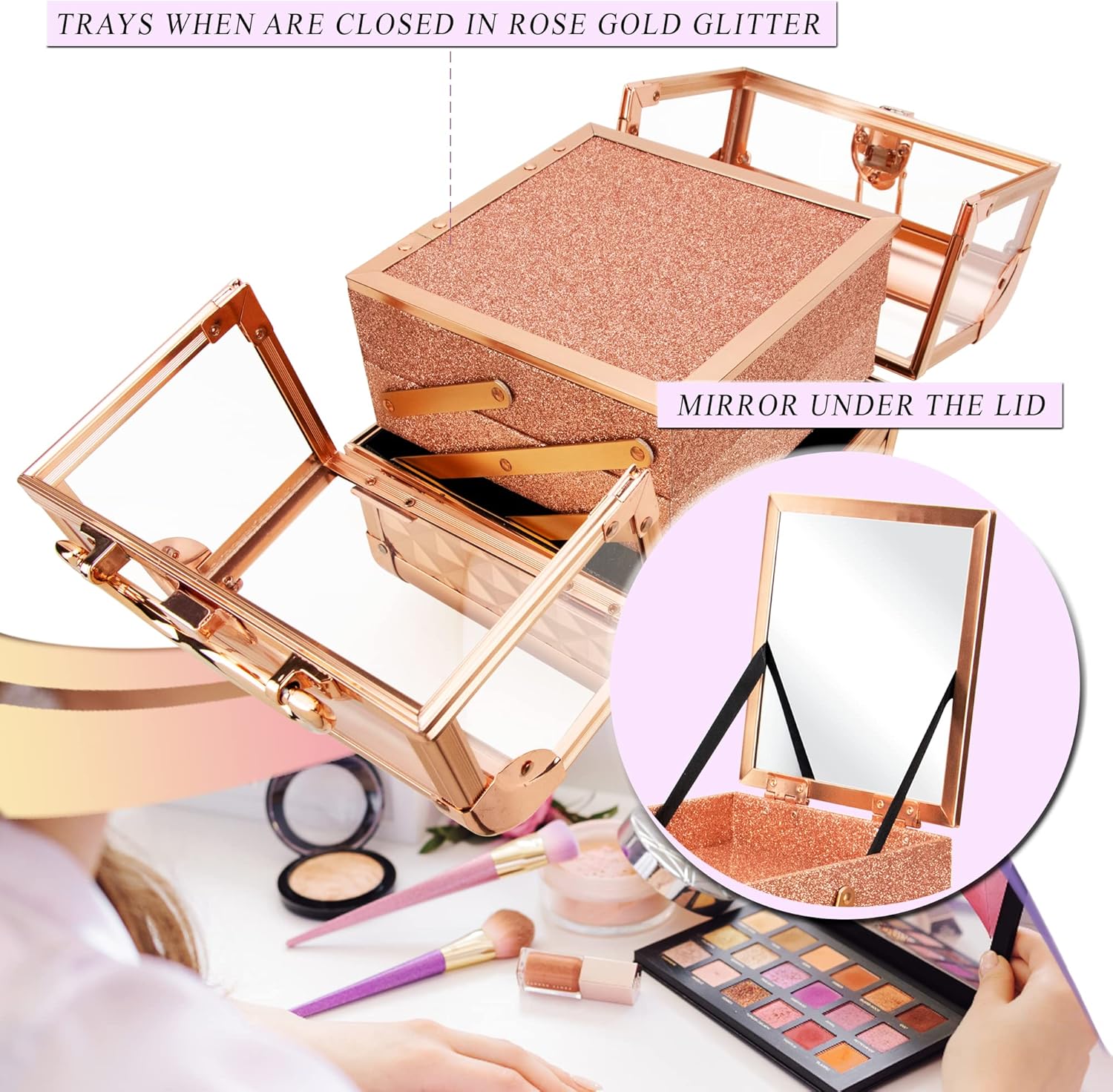 Private Label Ver Beauty Makeup Box Cosmetic Train Case with Clear Armored Acrylic Jewelry Organizer with 2 Tiers Trays and Mirror Lockable Portable Travel Cosmetic Display Aluminum Case (Rose Gold Diamond) Custom Logo Service