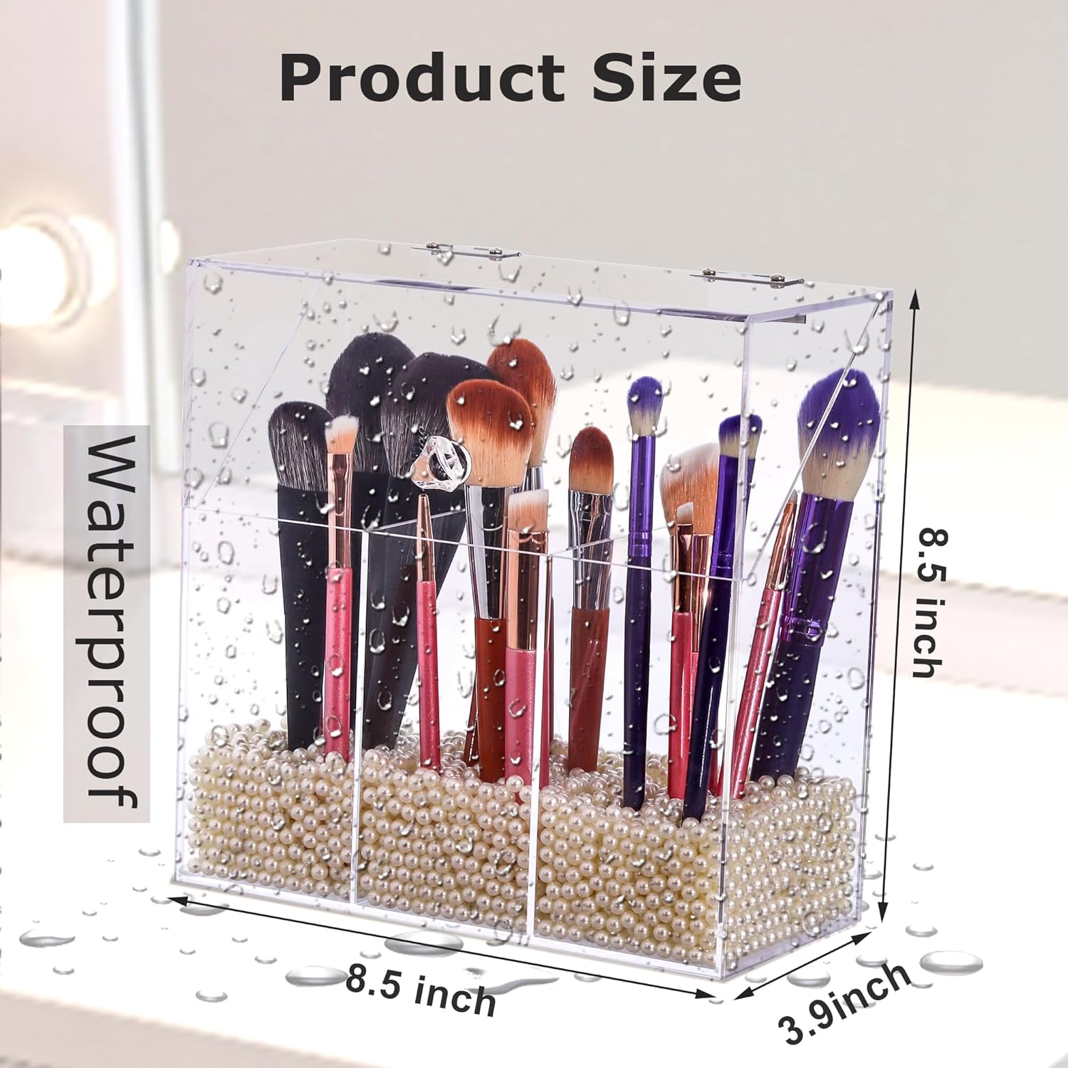 Private Label Acrylic Makeup Brush Holder with Lid - Clear Cosmetic Makeup Brush Organizer and Storage Box with Cover for Vanity - Large Capacity 3-Slots Container for Brushes (Clear) Custom Logo Service
