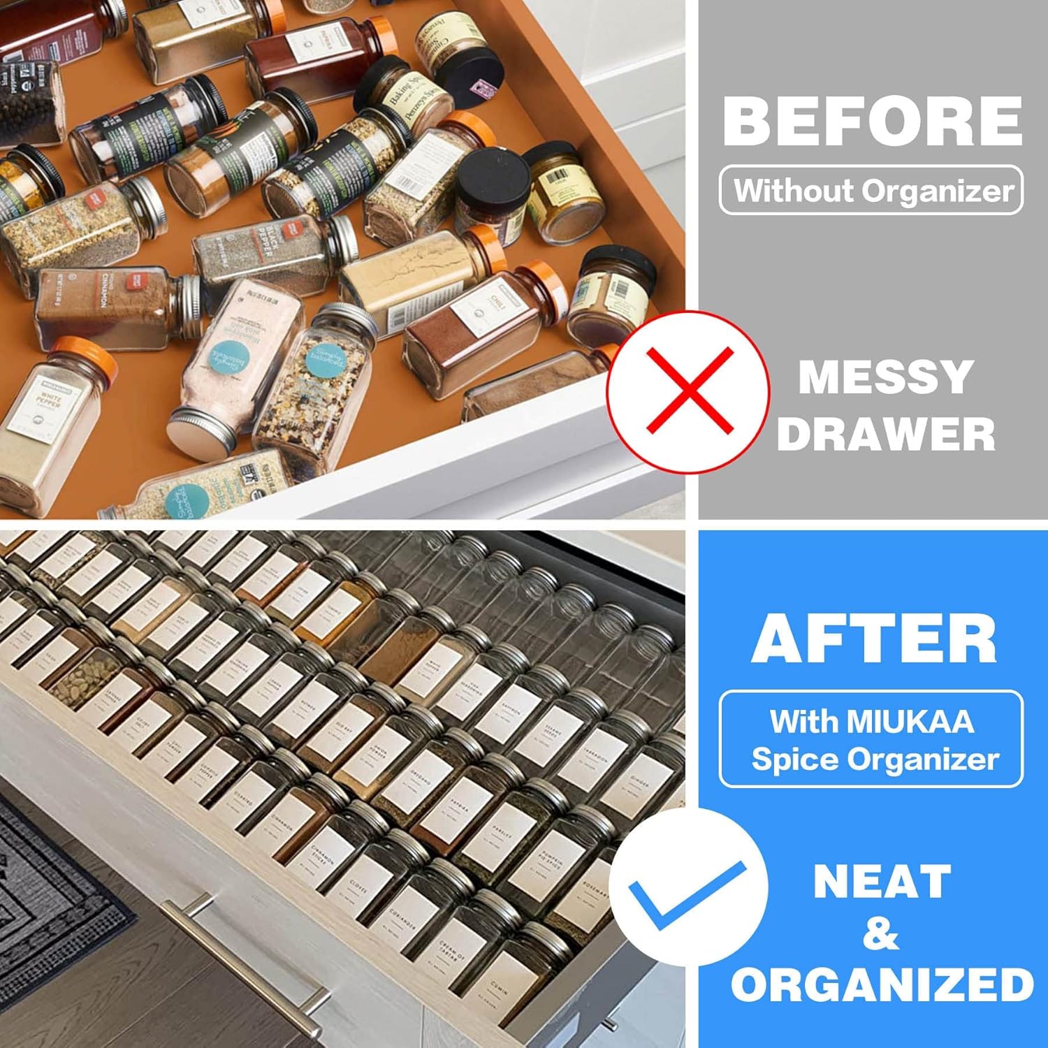 Private Label Clear Acrylic Spice Drawer Organizer, 4 Tier- 2 Set Expandable From 13" to 26" Drawer Seasoning Organizer, Kitchen Spice Rack Tray for Drawer/Countertop (Jars not included) Dropshipping Friendly