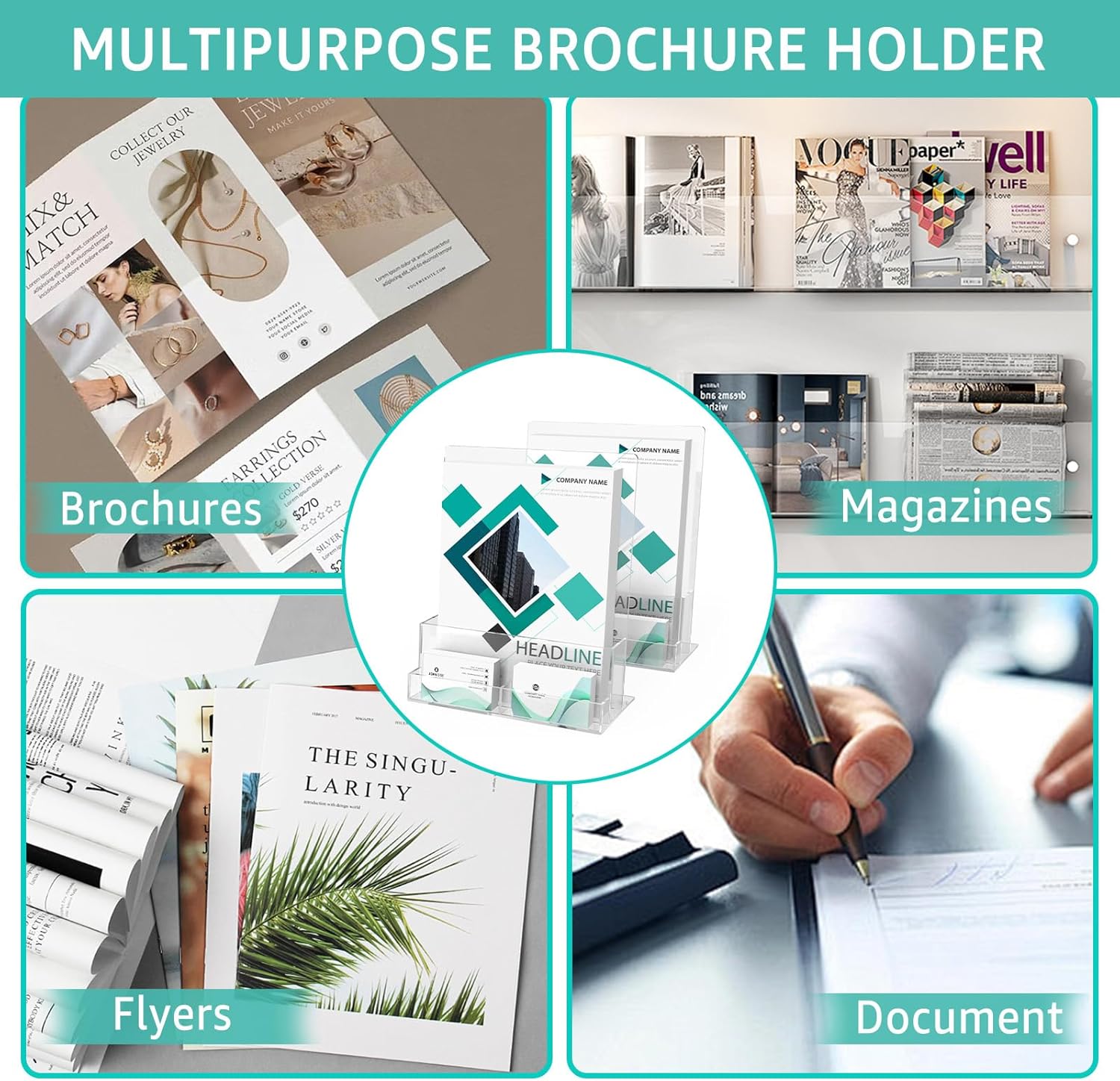 Wholesale 2 Pack Acrylic Brochure Holder 8.5 x 11 Inch with Business Card Holder, Clear Acrylic Brochure Holder Plastic Flyer Display Stand for Magazine, Pamphlet, Booklets, Menu, Journals, Literature China Factory Bulk Supply