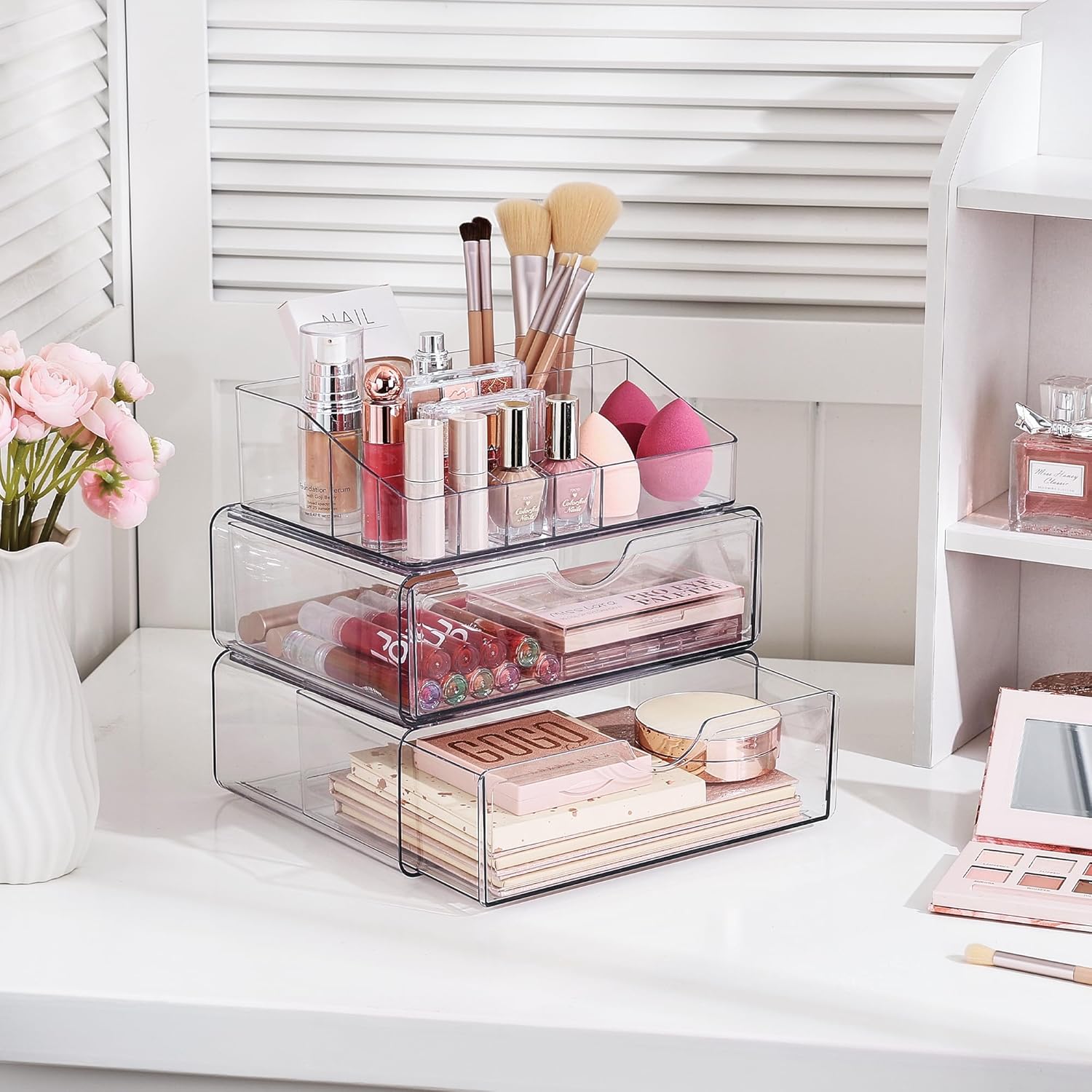 Private Label Vtopmart 3 Tier Clear Makeup Organizer with Drawer, Cosmetic Storage for Dresser Countertop and Bathroom Vanity, Beauty Holder for Lipstick Brush Skincare Factory Direct Price