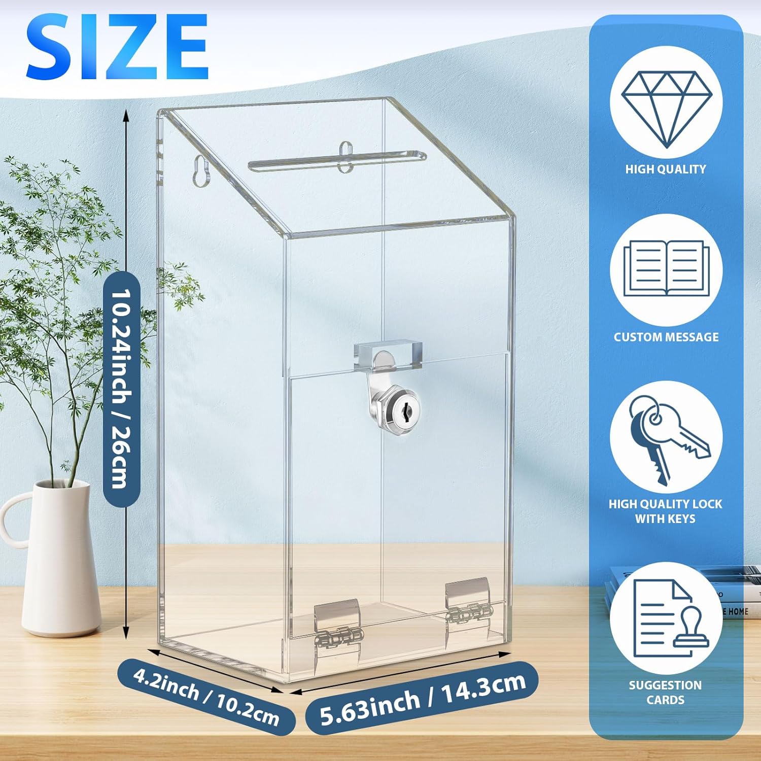 Private Label Acrylic Donation Box 10.2" x 5.6" x 4" Suggestion Box with Lock and Slot Wall Mount Safe Key Drop Ballot Clear Fundraising for Home Office Vote Custom Mold Development