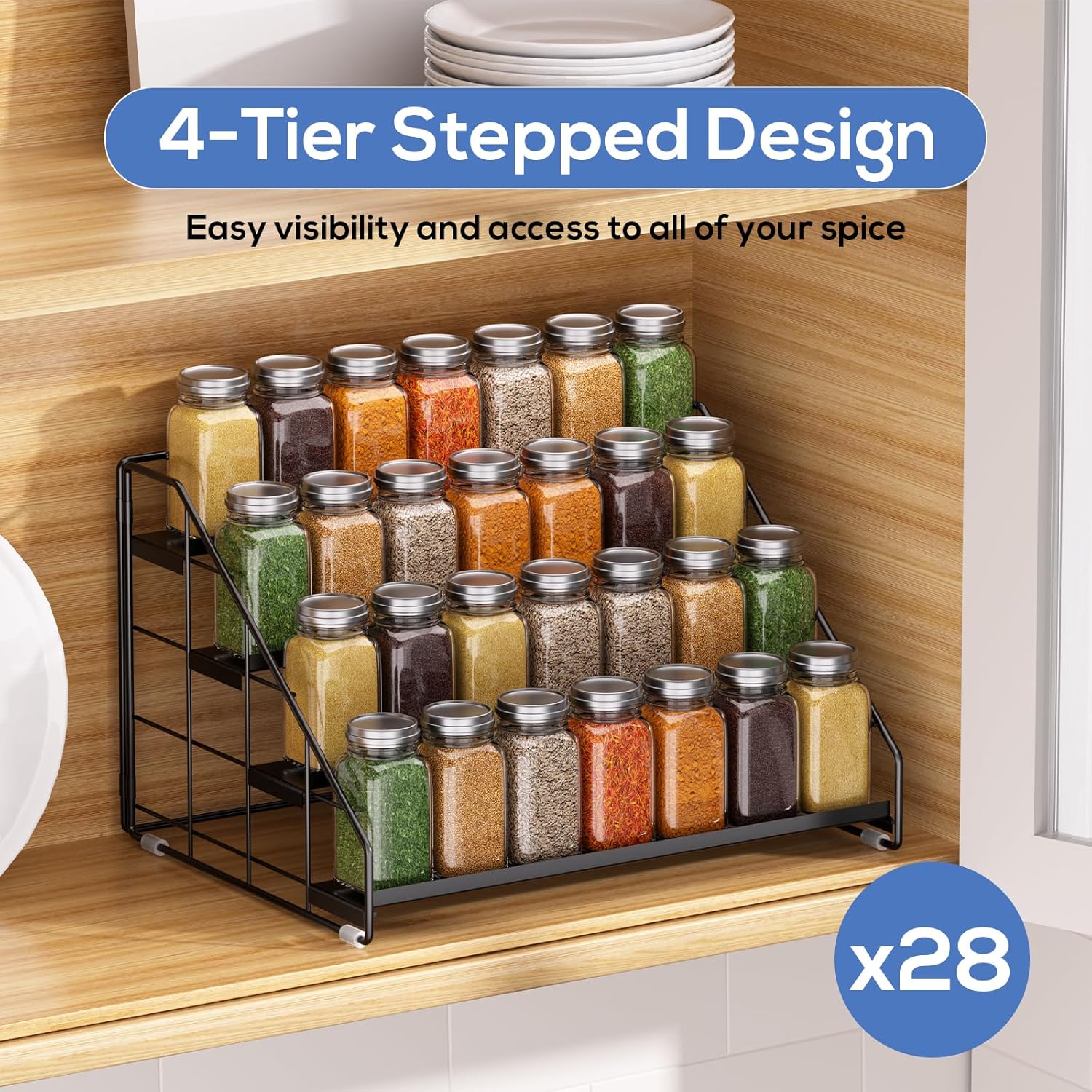 Private Label Spice Rack Organizer for Cabinet, 4 Tiered Spice Rack Organizer, Tiered Adjustable Spice Shelf for Kitchen Countertop Pantry Organization (Bright Black) Dropshipping Friendly