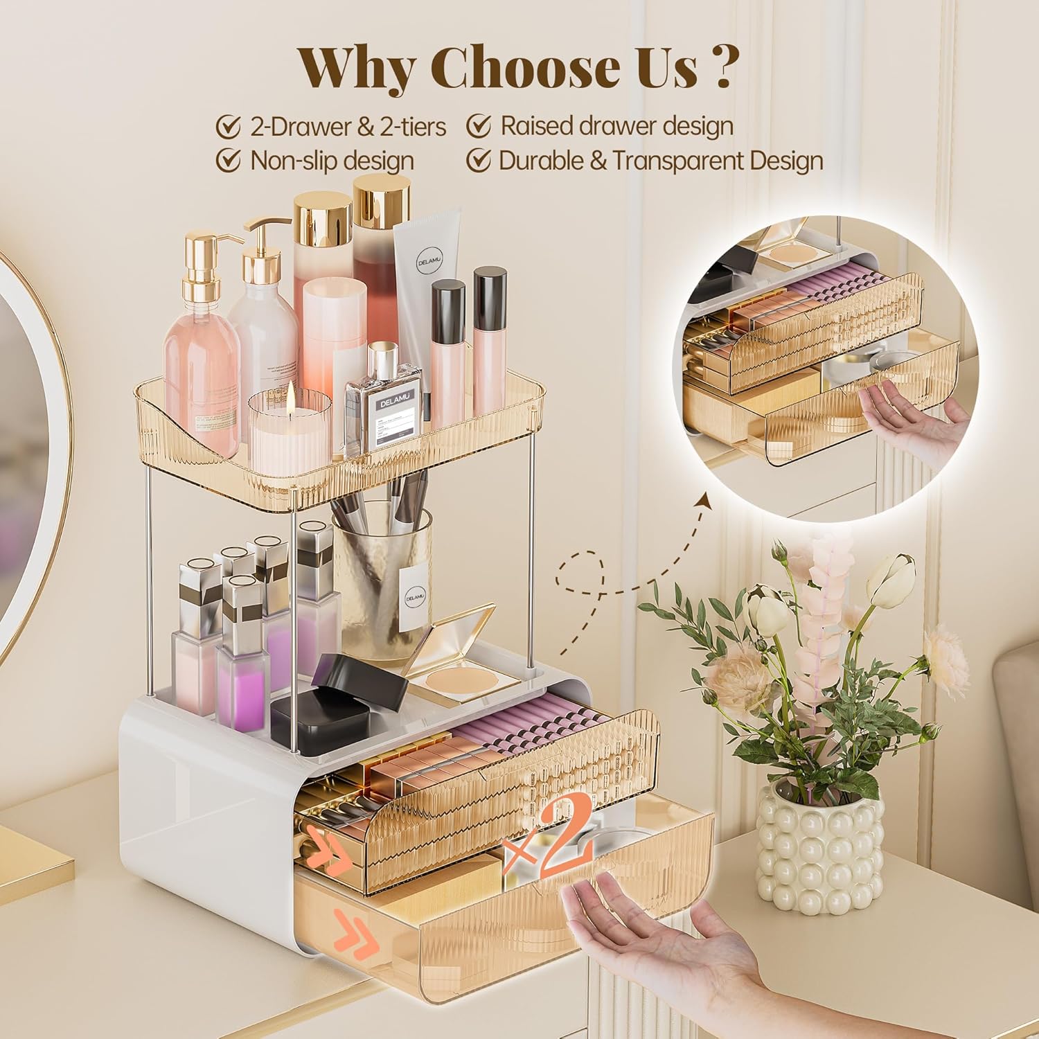 Private Label Delamu Bathroom Counter Organizer 2-Drawers 2-Tier Acrylic Makeup Organizer for Vanity Countertop, Skincare Perfume Storage, Easy Assembly, Ideal Gift for Women, Bath Linen Sets, Amber Custom Logo Service
