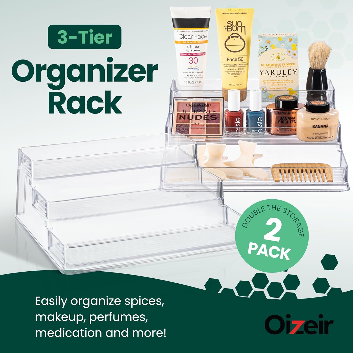 Private Label Oizeir Clear Spice Rack (2-Pack) – 3-Tier Acrylic Organizer for Cabinet – Deep Spice Shelf – 10.4 x 9.6 x 4 Inches – Holds Seasoning and Condiments Dropshipping Friendly