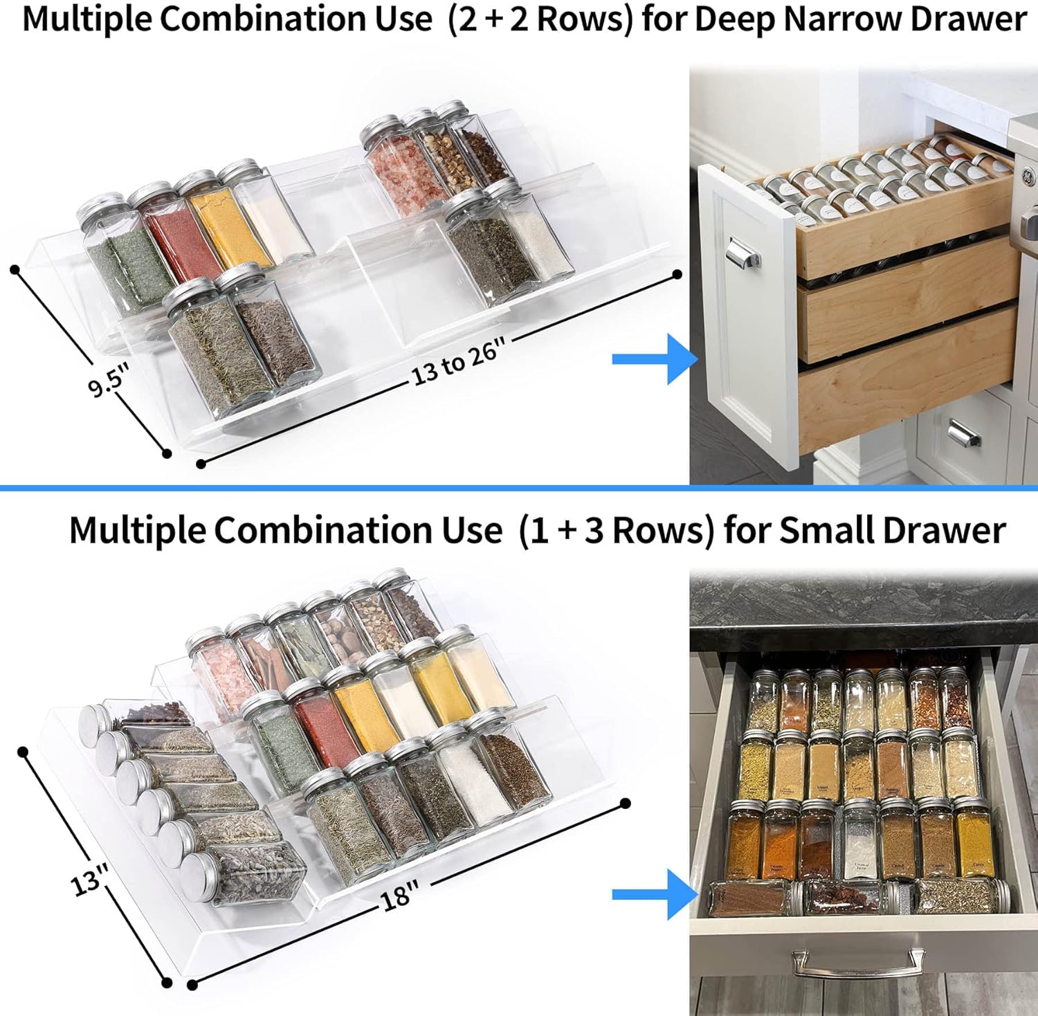 Private Label Clear Acrylic Spice Drawer Organizer, 4 Tier- 2 Set Expandable From 13" to 26" Drawer Seasoning Organizer, Kitchen Spice Rack Tray for Drawer/Countertop (Jars not included) Dropshipping Friendly