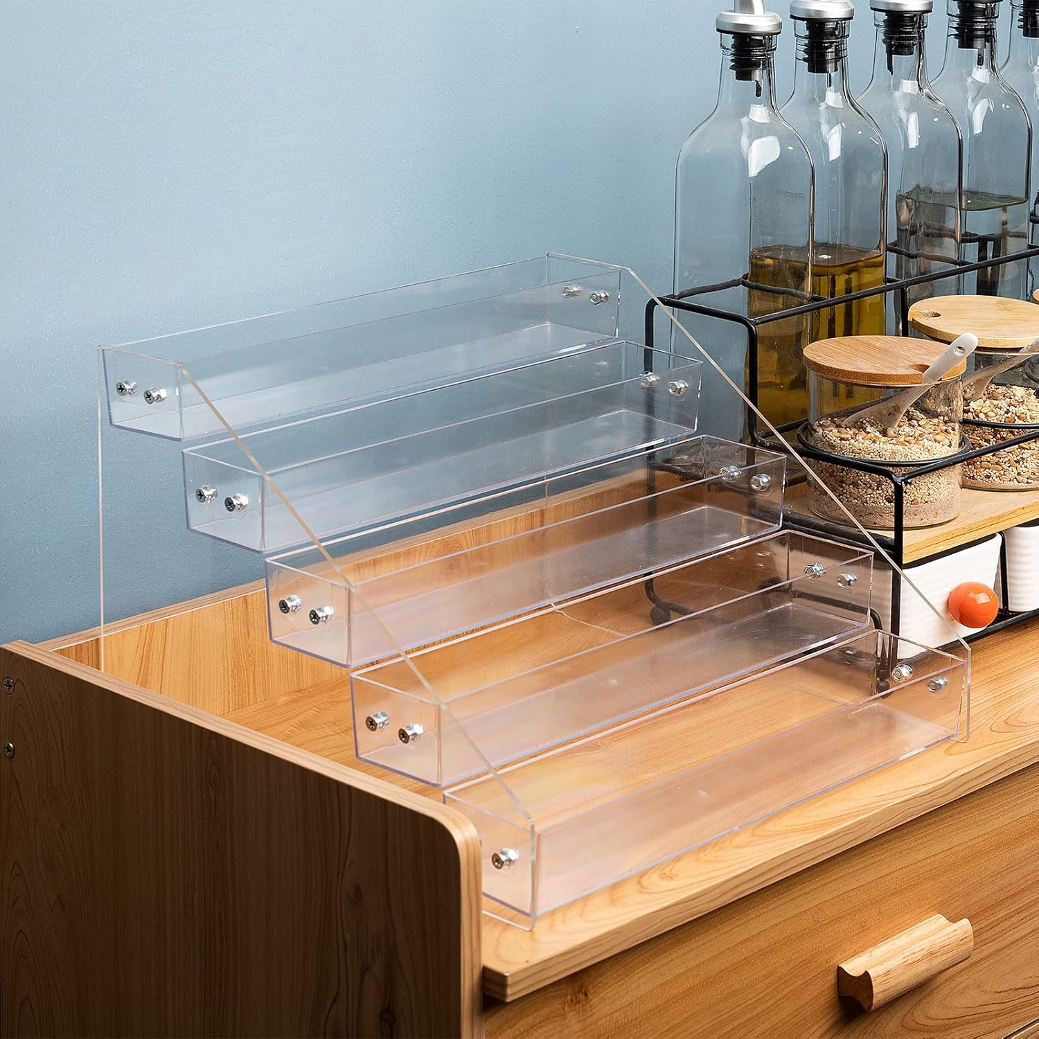 Private Label Tiered Spice Rack Acrylic, Spice Rack Shelf Seasoning Organizer for Countertop, Cabinet, Pantry, Kitchen Storage - 5 Tier Dropshipping Friendly