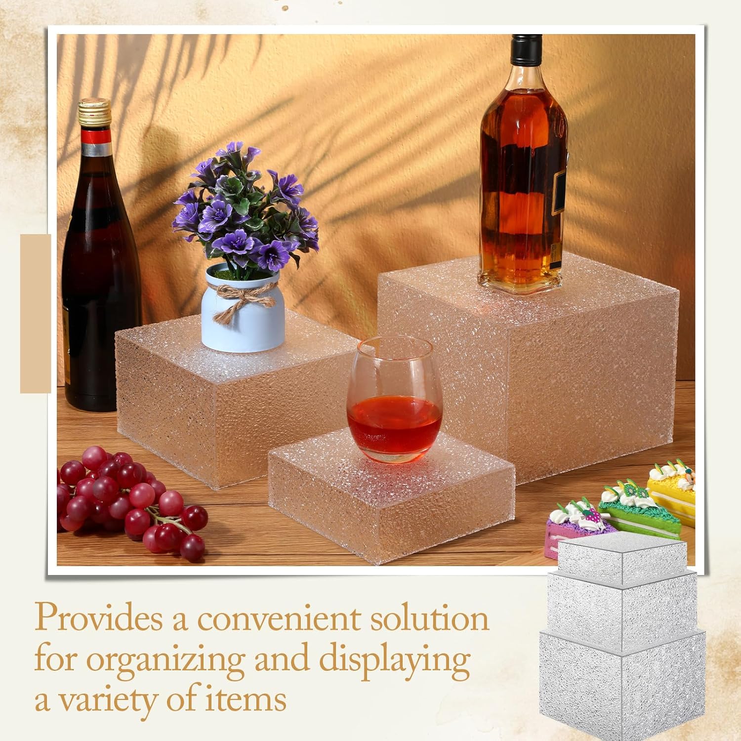 ODM Suzile 9 Pcs Food Risers Buffet Risers Acrylic Display Box Cube 5 Sided Clear Display Riser with Hollow Bottoms for Party, 8 x 8 x 6 Inch, 7 x 7 x 4 Inch, 6 x 6 x 2 Inch (Crushed Ice Pattern) Custom Logo Service