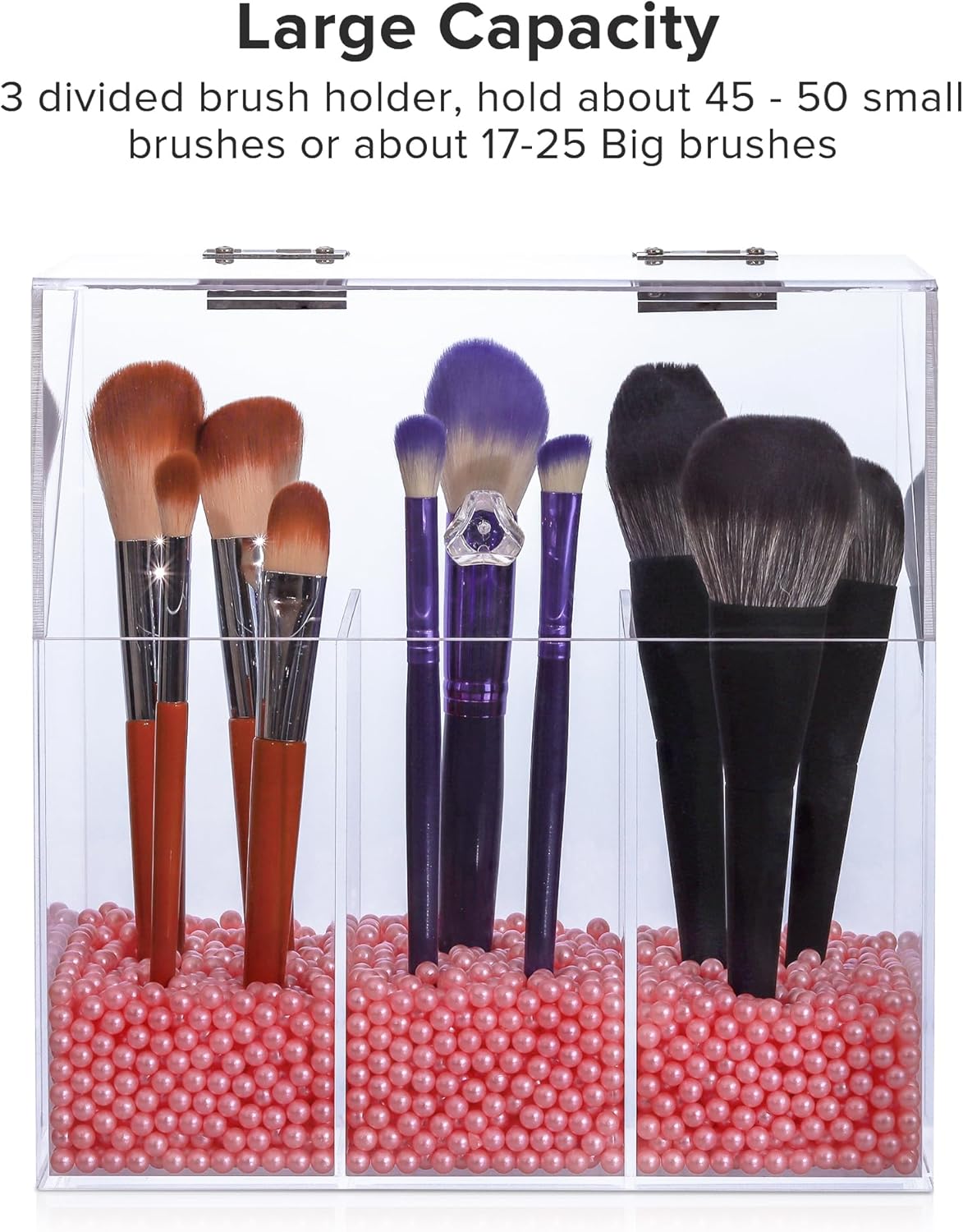 Private Label Acrylic Makeup Brush Holder with Lid - Clear Cosmetic Makeup Brush Organizer and Storage Box with Cover for Vanity - Large Capacity 3-Slots Container for Brushes (Clear) Custom Logo Service