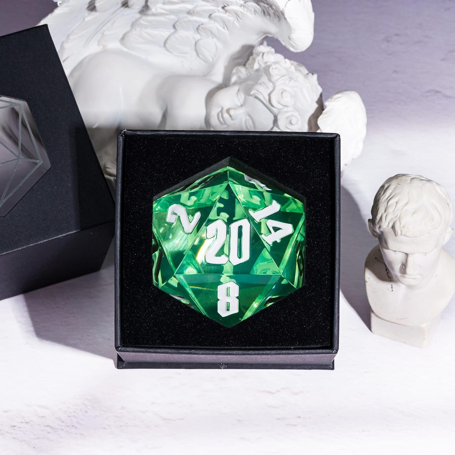 ODM 55mm 20 Sided DND Dice, Giant D20 D&D Polyhedral Dice Large D20 with Die Gift Box for Dungeons and Dragons, RPG Table Games (Transparent Green/White Numbers) Custom Mold Development