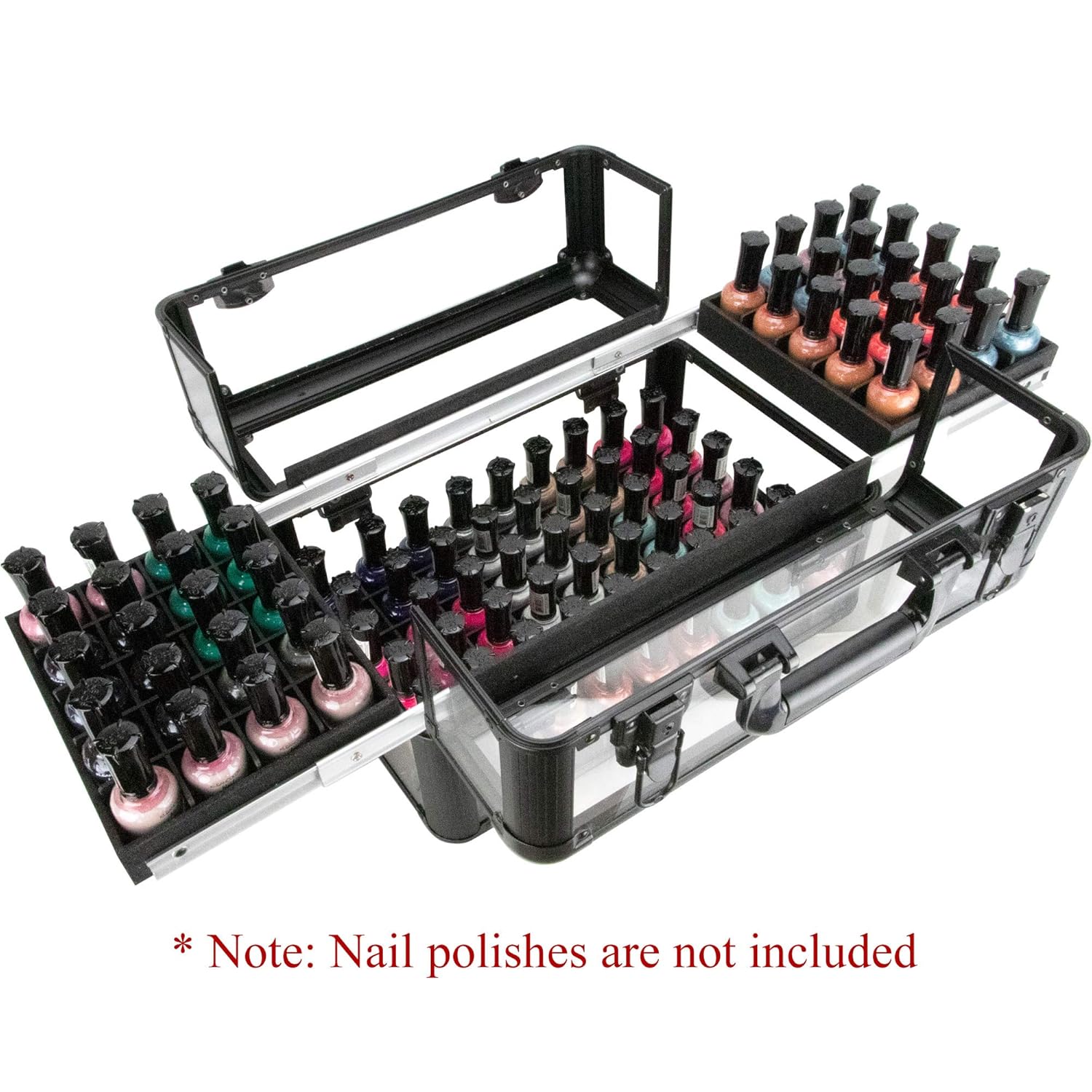 Private Label Ver Beauty Professional Armored Clear Acrylic Makeup Travel Case with Wheels Nail Tech Organizer with 2 Sliding Trays Removable Dividers Lockable Portable Aluminum Box Custom Logo Service