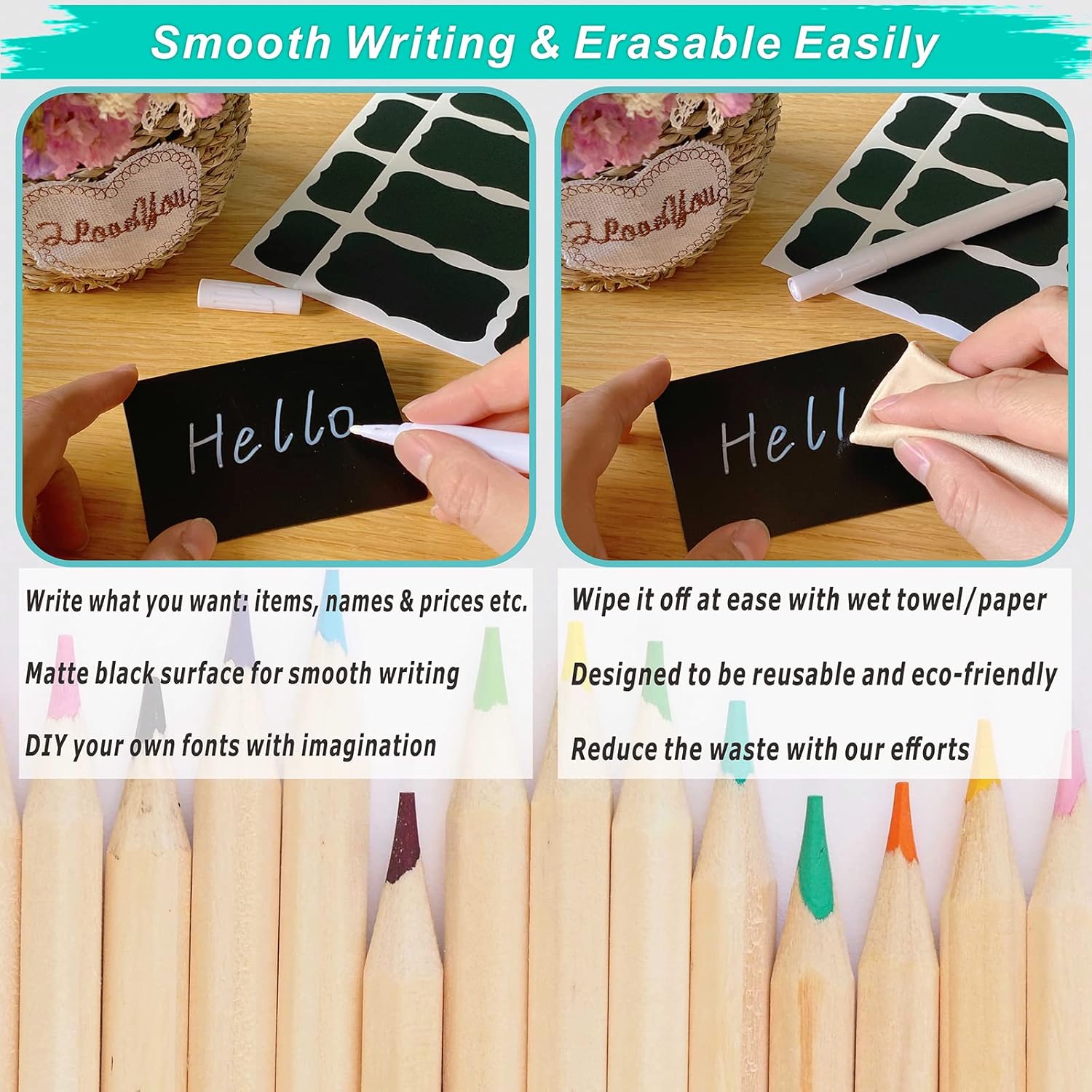 Wholesale OEM ODM 54-Piece Set of Mini Chalkboard Signs for Food: 20 Erasable Chalk Board Table Sign Labels, 2 White Markers, 32 Removable Stickers, Display Stand Tags for Buffet, Party, Wedding, Bakery, Tabletop Menu Factory & Supplier