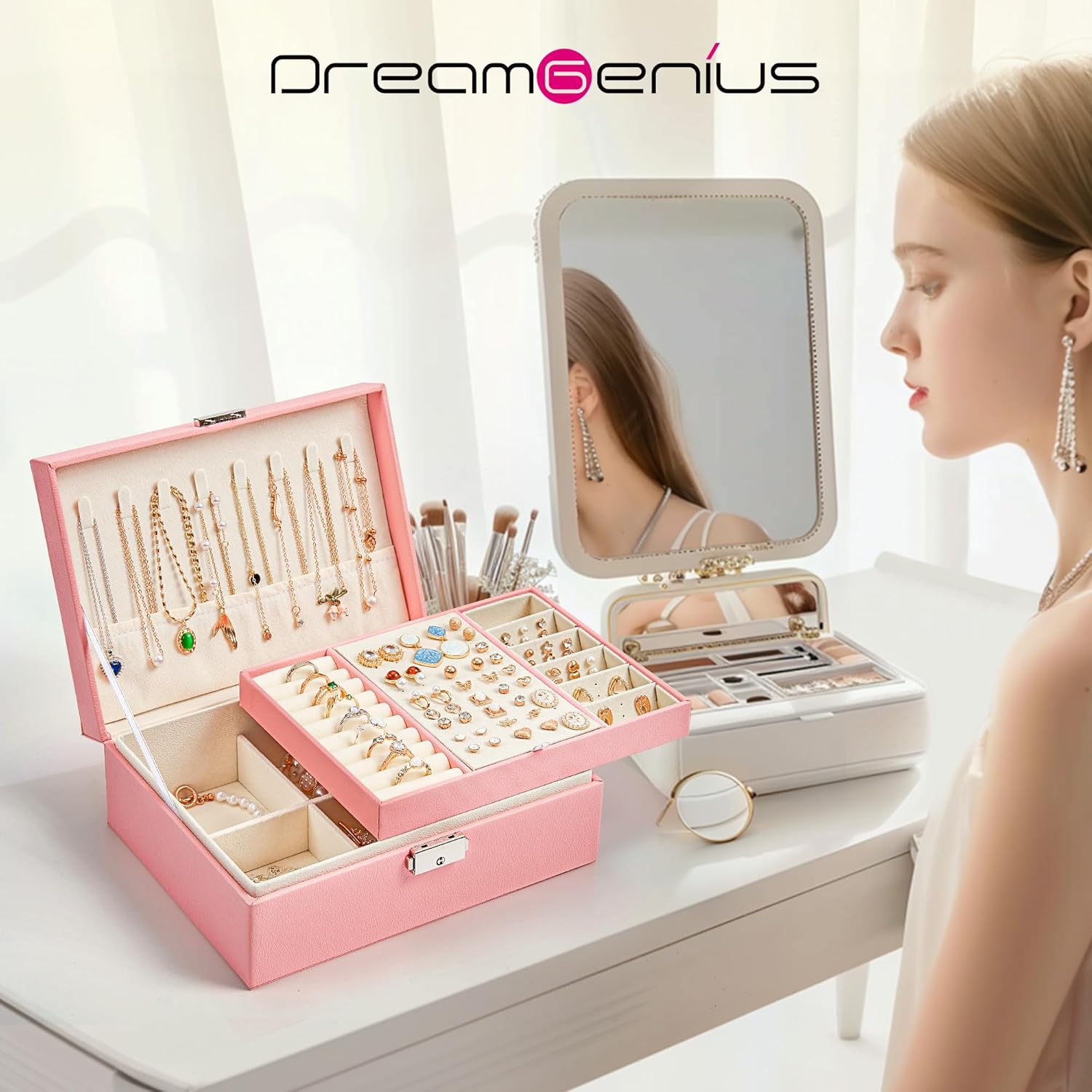 Direct Manufacturer DreamGenius Jewelry Box for Women with Security Latch, 2-Layer Jewelry Organizer with Removable Tray for Necklaces and Earrings Holder Organizer, Pink Low MOQ