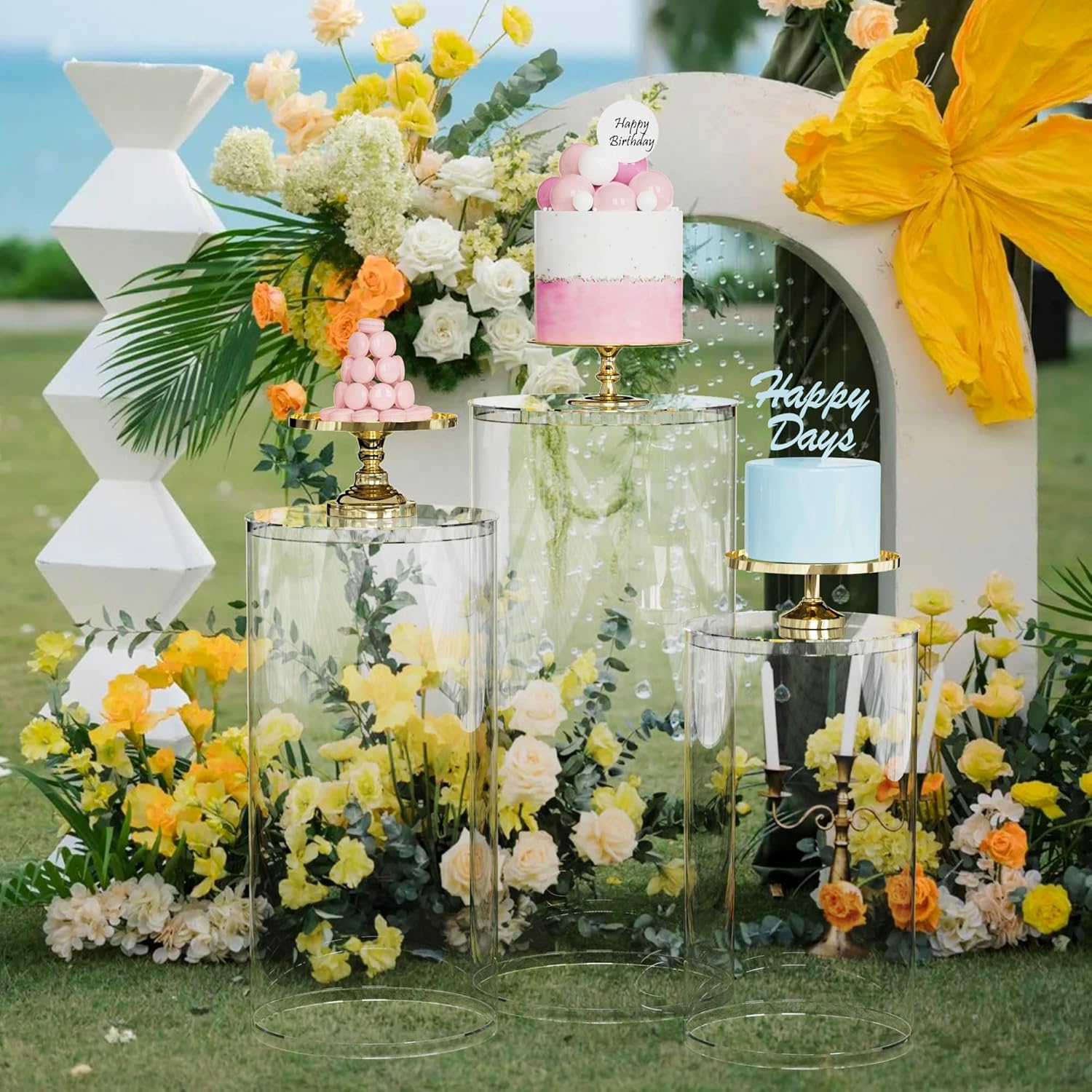 Private Label Putros Cylinder Pedestal Stands 3Pcs Clear Round Cylinder Pedestal Display Plinth Pillars for Wedding Party Decor 35.4''(L),29.5''(M),23.6''(S) OEM Wholesale Manufacturer