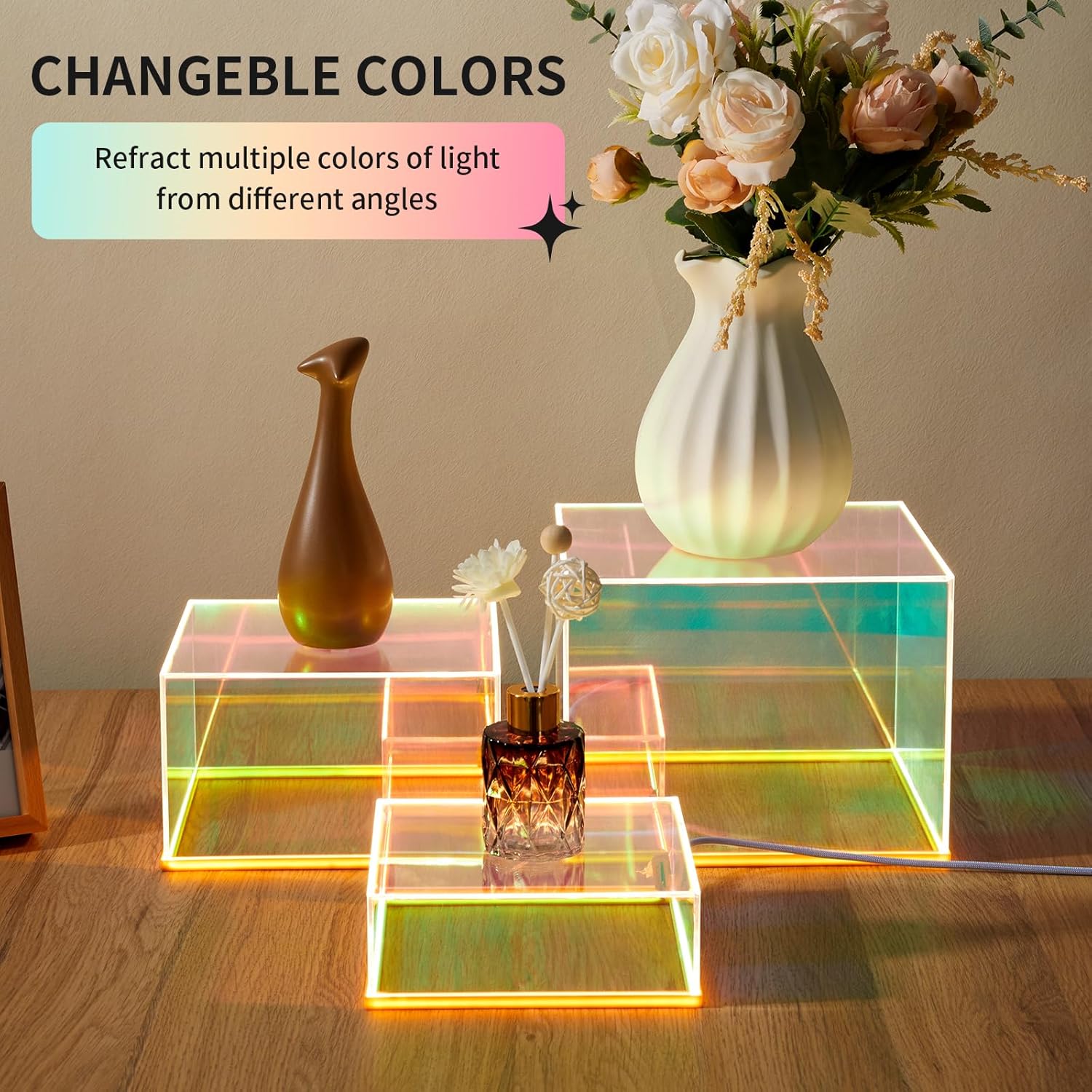 Private Label 3Pcs Iridescent Acrylic Display Risers with LED light, Acrylic Cube Box Rainbow Display Stand with Hollow Bottoms for Figures Dessert Jewelry Perfume Handbag Ecommerce Ready Product