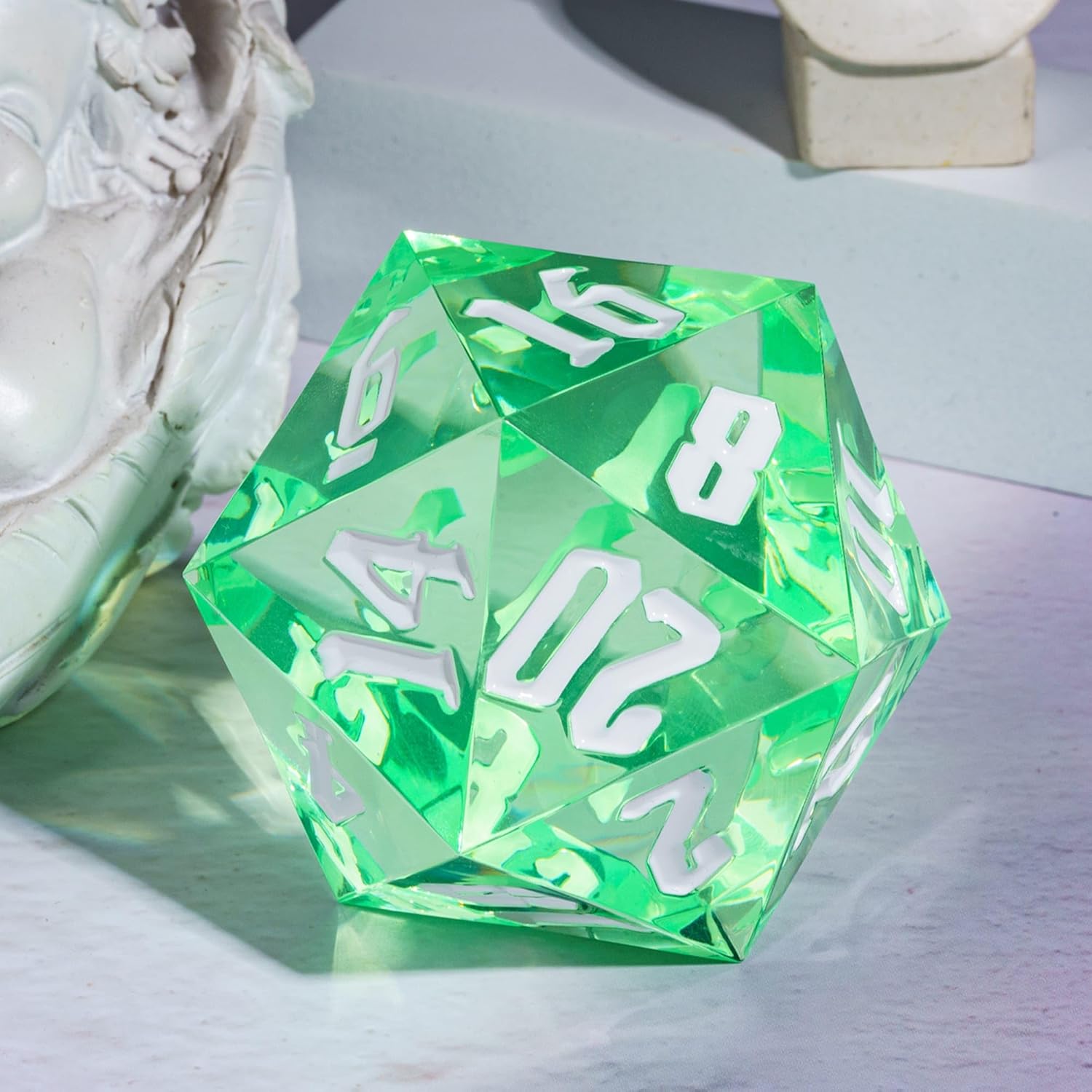 ODM 55mm 20 Sided DND Dice, Giant D20 D&D Polyhedral Dice Large D20 with Die Gift Box for Dungeons and Dragons, RPG Table Games (Transparent Green/White Numbers) Custom Mold Development