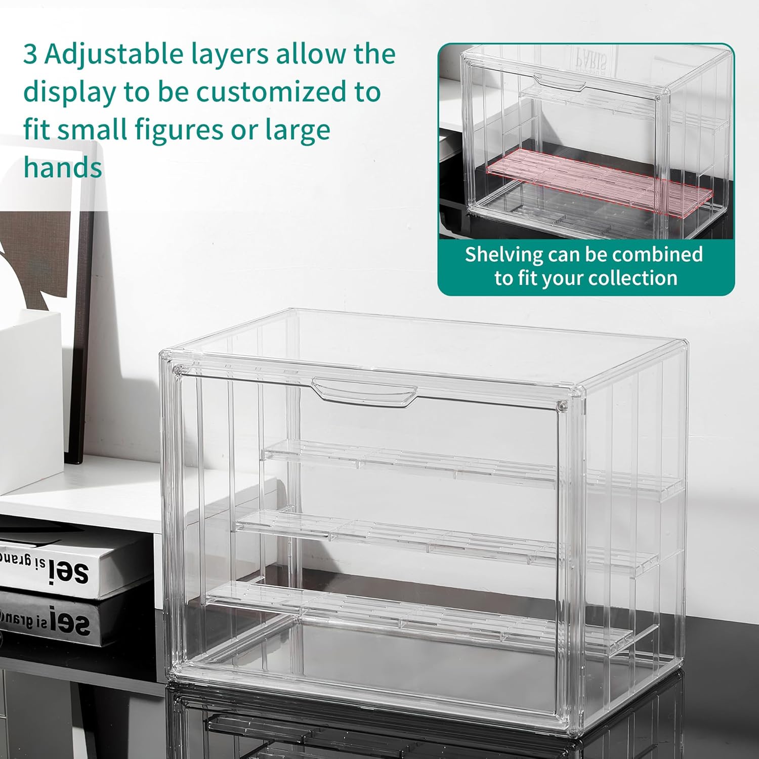 Private Label Attelite Acrylic Display Case,Upgrade 4 Tiers Clear Display Case with 3 Adjustable Divider, 4 Pack Stackable Large Storage Box with Magnetic Door for Collectibles Action Figures Ecommerce Ready Product