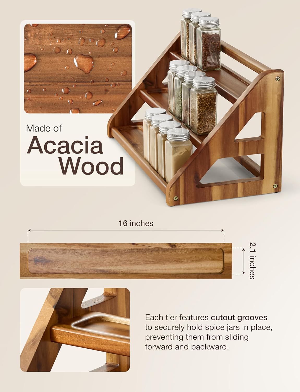 Private Label Tinamo Acacia Wood Spice Rack for Countertop - Wooden Tray Holds 24 Jars Spice Racks Organizer for Storage Shelf - 3 Tiered Spice Rack Organizer for Cabinet - Spice Shelf for Kitchen Pantry (Acacia) Dropshipping Friendly