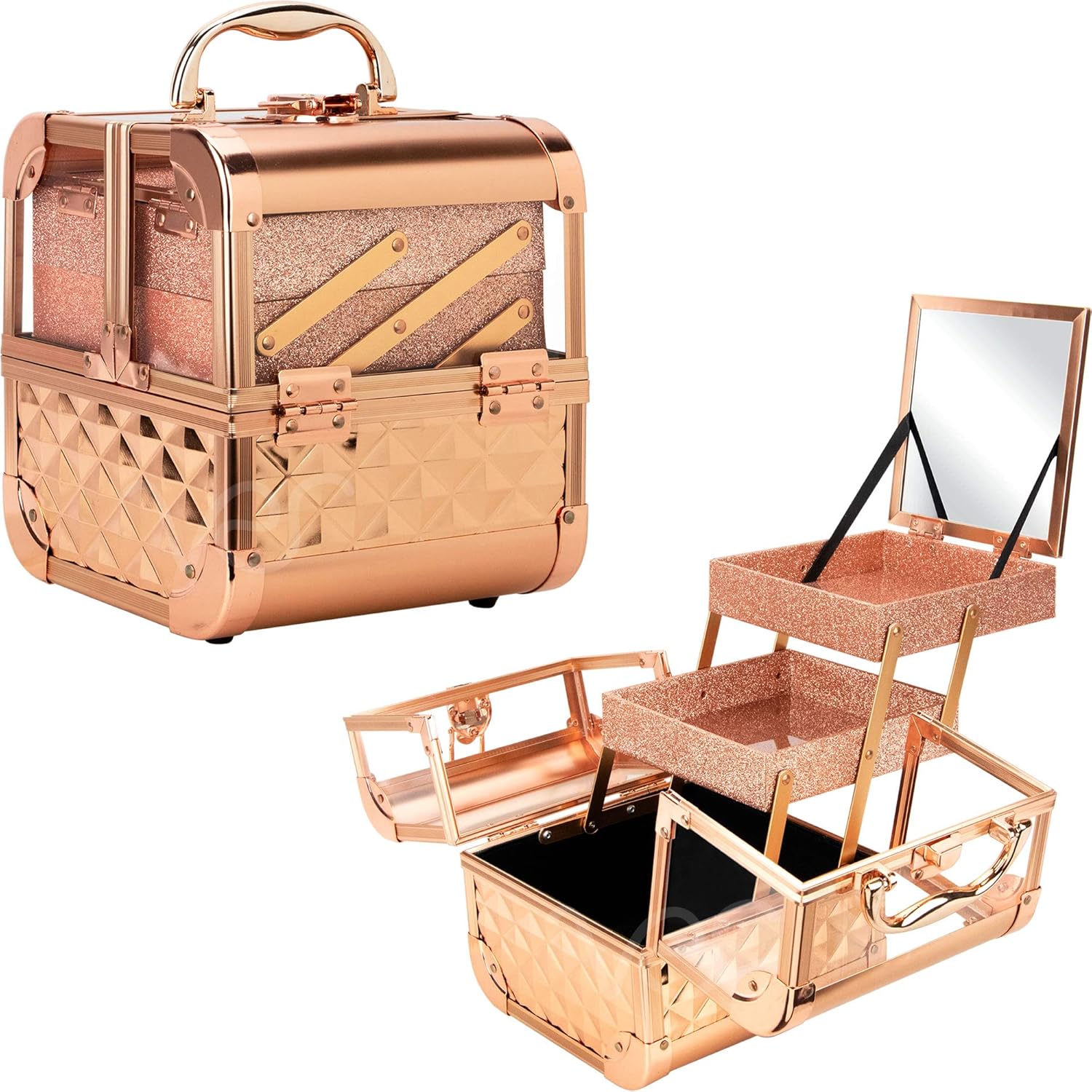 Ver Beauty Makeup Box Cosmetic Train Case with Clear Armored Acrylic Jewelry Organizer with 2 Tiers Trays and Mirror Lockable Portable Travel Cosmetic Display Aluminum Case (Rose Gold Diamond)