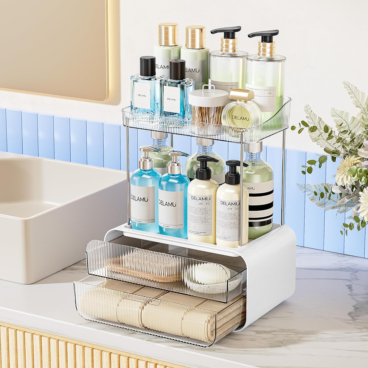 Delamu Bathroom Counter Organizer 2-Drawers 2-Tier Acrylic Makeup Organizer for Vanity Countertop, Skincare Perfume Storage, Easy Assembly, Ideal Gift for Women, Bath Linen Sets, Clear