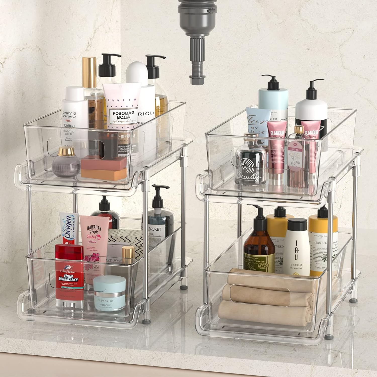 Private Label HIHEGD 2-Tier Bathroom Organizer with Dividers, Clear Under Sink and Pull-Out Cabinet Organizer for Kitchen and Pantry Storage Factory Direct Price
