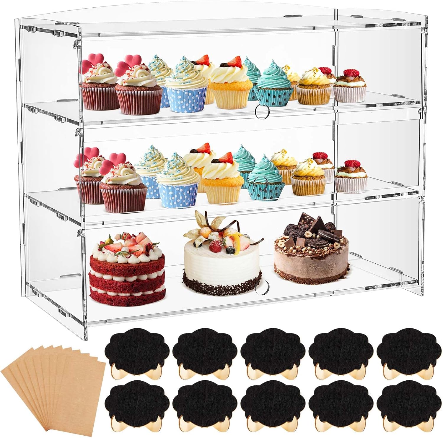 3 Tier Bakery Pastry Display Case,Clear Acrylic Display Case,Commercial Countertop Cabinet with Chalkboard and Brown Paper for Bread Cookie Cupcake Party Event Stores