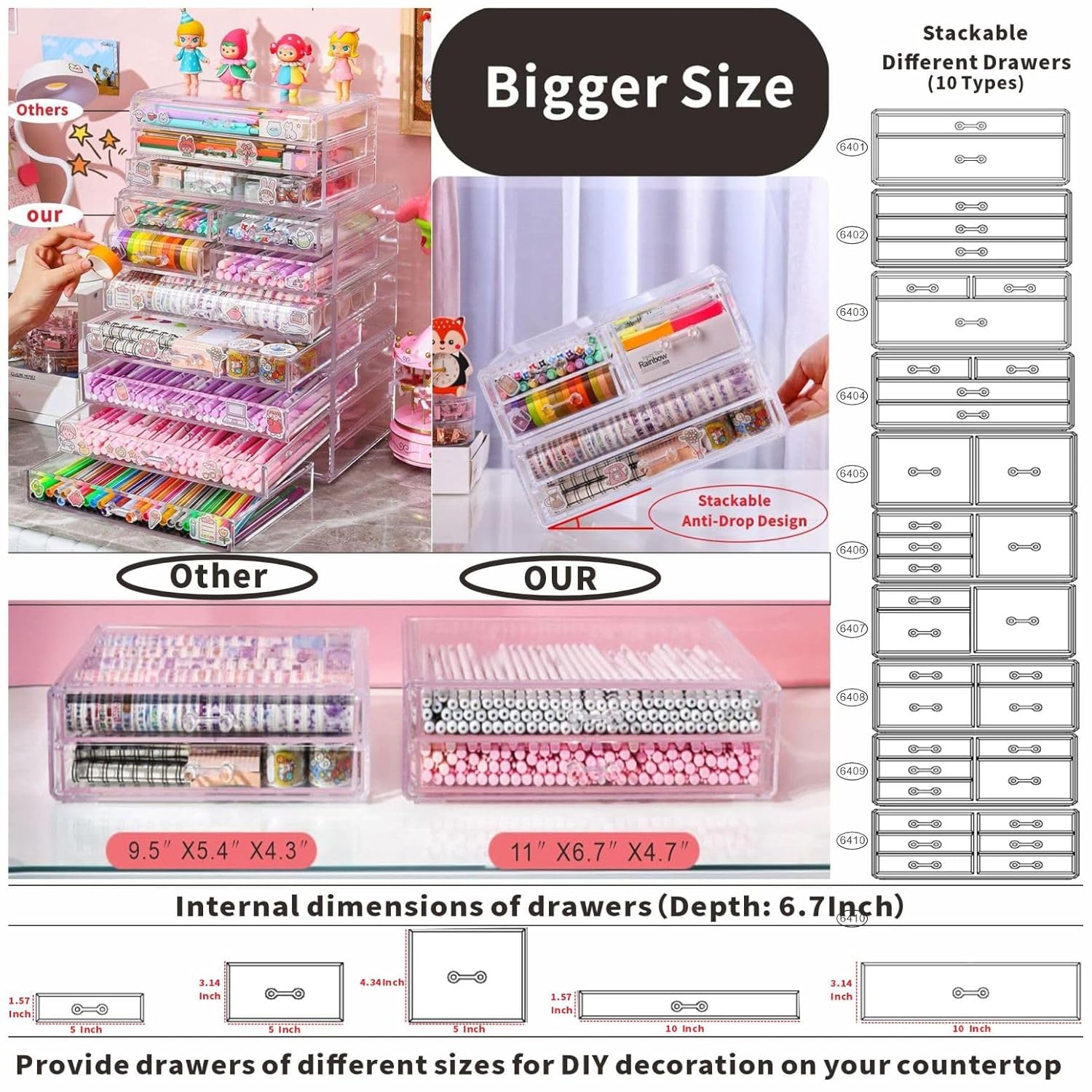 Private Label Cq acrylic Clear Storage Drawers,Stackable Make up Organizers And Storage For Vanity Countertop,Large 3 Drawers Plastic Shelf Organizer Bins for Make up,Medicine,Craft,Pen,Beauty Supplies,Pack of 1 Custom Logo Service