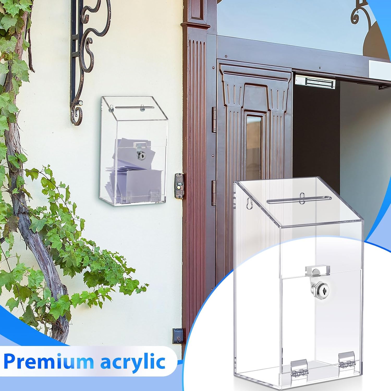 Private Label Acrylic Donation Box 10.2" x 5.6" x 4" Suggestion Box with Lock and Slot Wall Mount Safe Key Drop Ballot Clear Fundraising for Home Office Vote Custom Mold Development