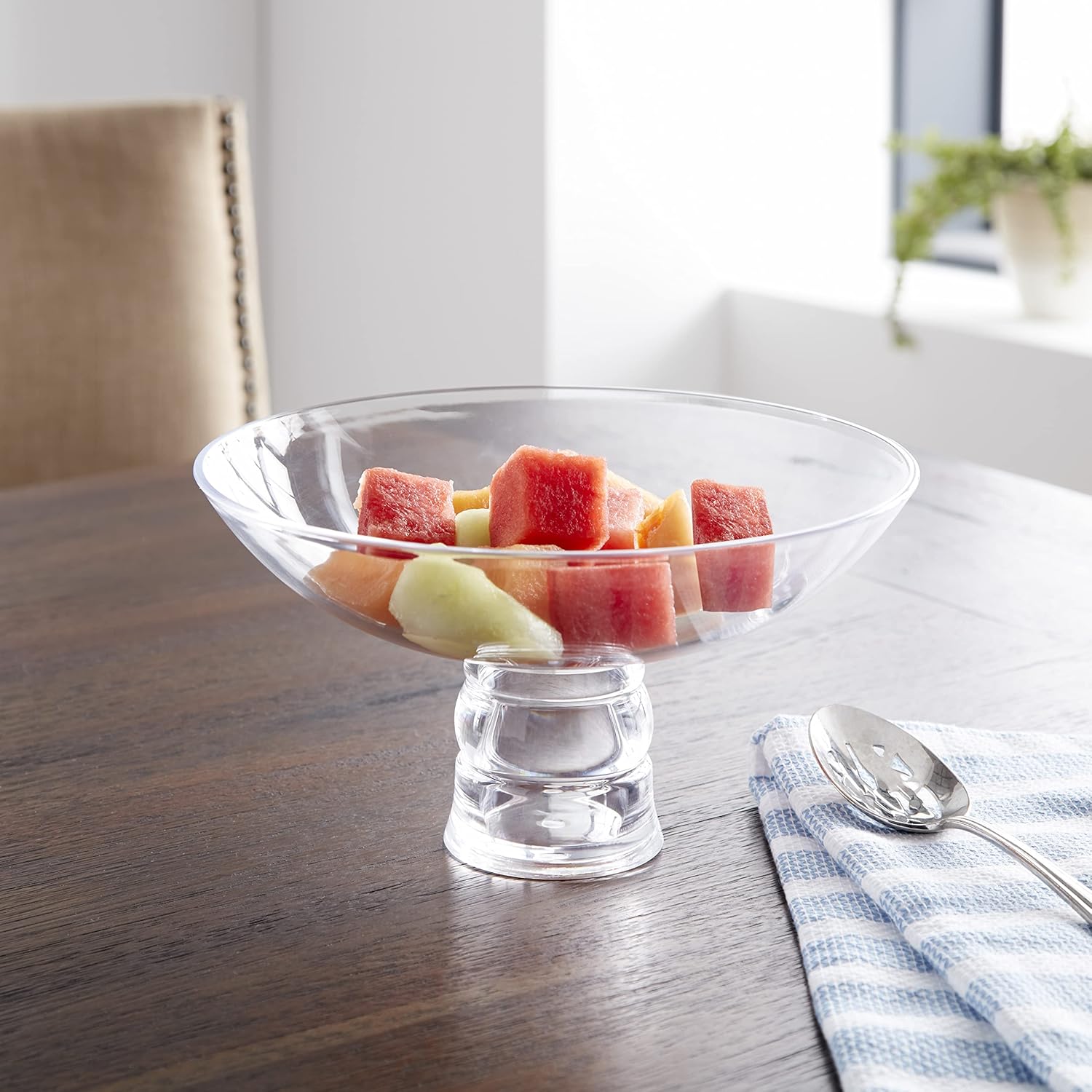 Private Label Huang Acrylic Clear Large Round Fruit Bowl with Multifunctional Removable Pedestal | Decorative Kitchen Table or Countertop Centerpiece Stand | 10.5 x 10.5 x 5.5 inches OEM Wholesale Manufacturer