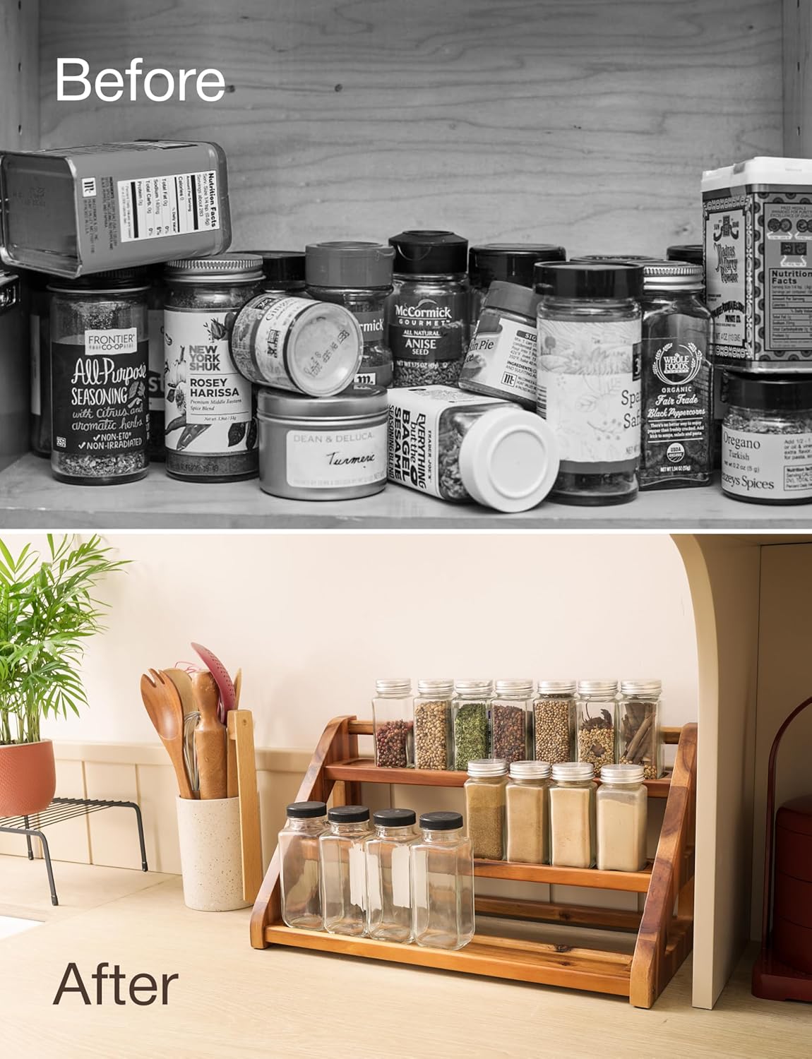 Private Label Tinamo Acacia Wood Spice Rack for Countertop - Wooden Tray Holds 24 Jars Spice Racks Organizer for Storage Shelf - 3 Tiered Spice Rack Organizer for Cabinet - Spice Shelf for Kitchen Pantry (Acacia) Dropshipping Friendly
