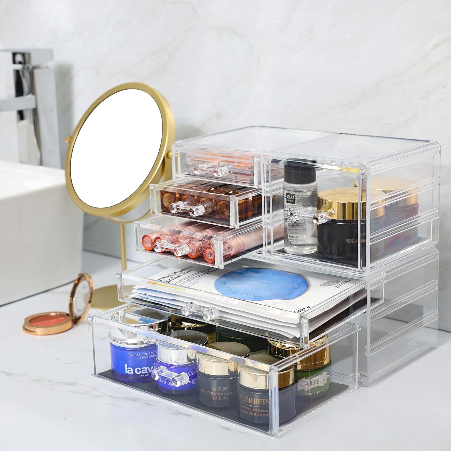 Private Label Cq acrylic 2 Pack Clear Desk Organizer With Drawers,Stackable 6 Drawers Skincare Organizer,Cute Skin Care Organizers for Vanity Hair Clip,Jewelry,Beauty Product Desk and Makeup Organizers Countertop Factory Direct Price