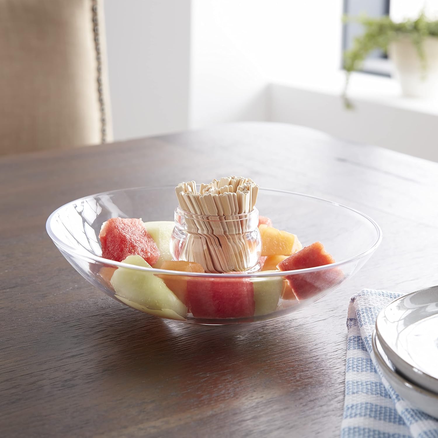 Private Label Huang Acrylic Clear Large Round Fruit Bowl with Multifunctional Removable Pedestal | Decorative Kitchen Table or Countertop Centerpiece Stand | 10.5 x 10.5 x 5.5 inches OEM Wholesale Manufacturer