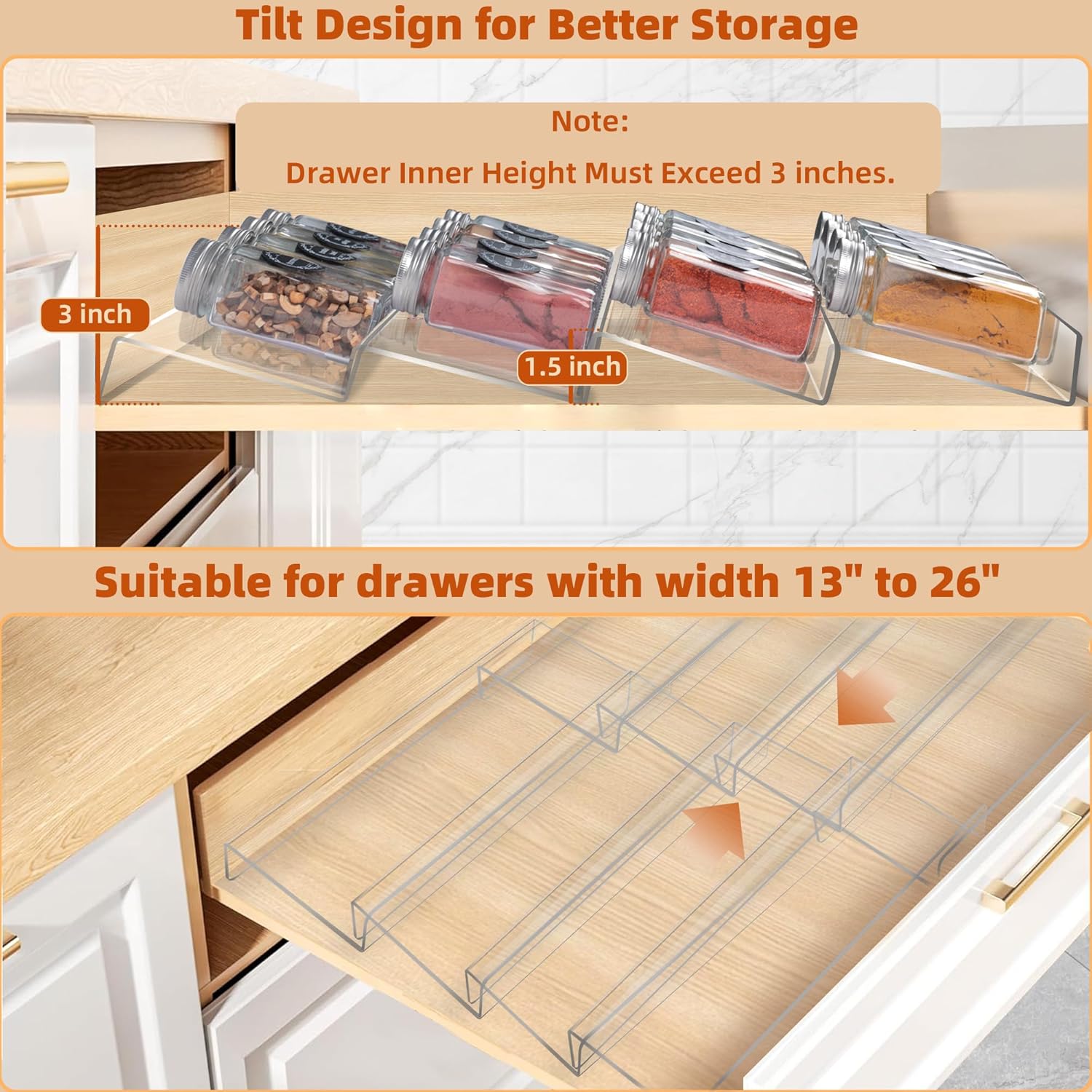 Private Label Goabroa Expandable Spice Organizer, 8 Pack 4 Tier Clear Spice Rack, 13" to 26" Wide, Kitchen Spice Organization for Drawer/Countertop Dropshipping Friendly