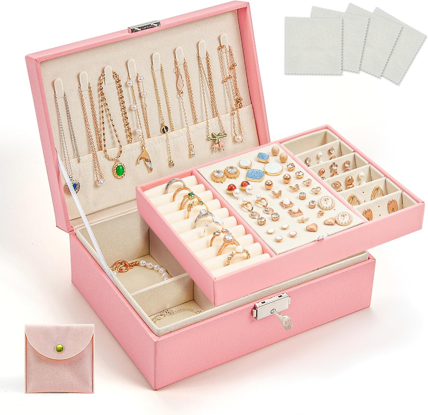 DreamGenius Jewelry Box for Women with Security Latch, 2-Layer Jewelry Organizer with Removable Tray for Necklaces and Earrings Holder Organizer, Pink