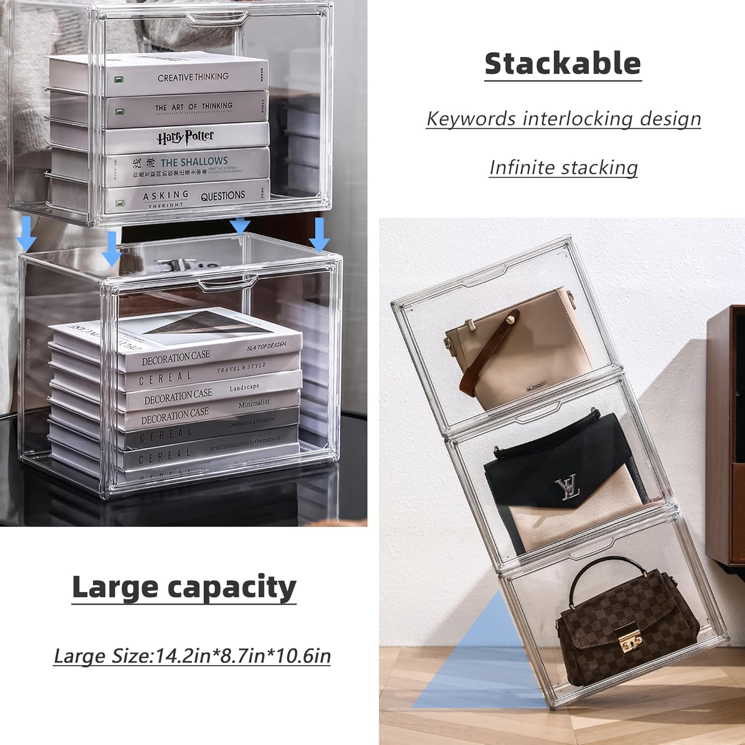 Private Label Clear Acrylic Display Case, Stackable Plastic Storage Bins with Magnetic Attraction Lid, Showcase for Cosmetic, Large Figures Collectibles, X-Large Custom Mold Development