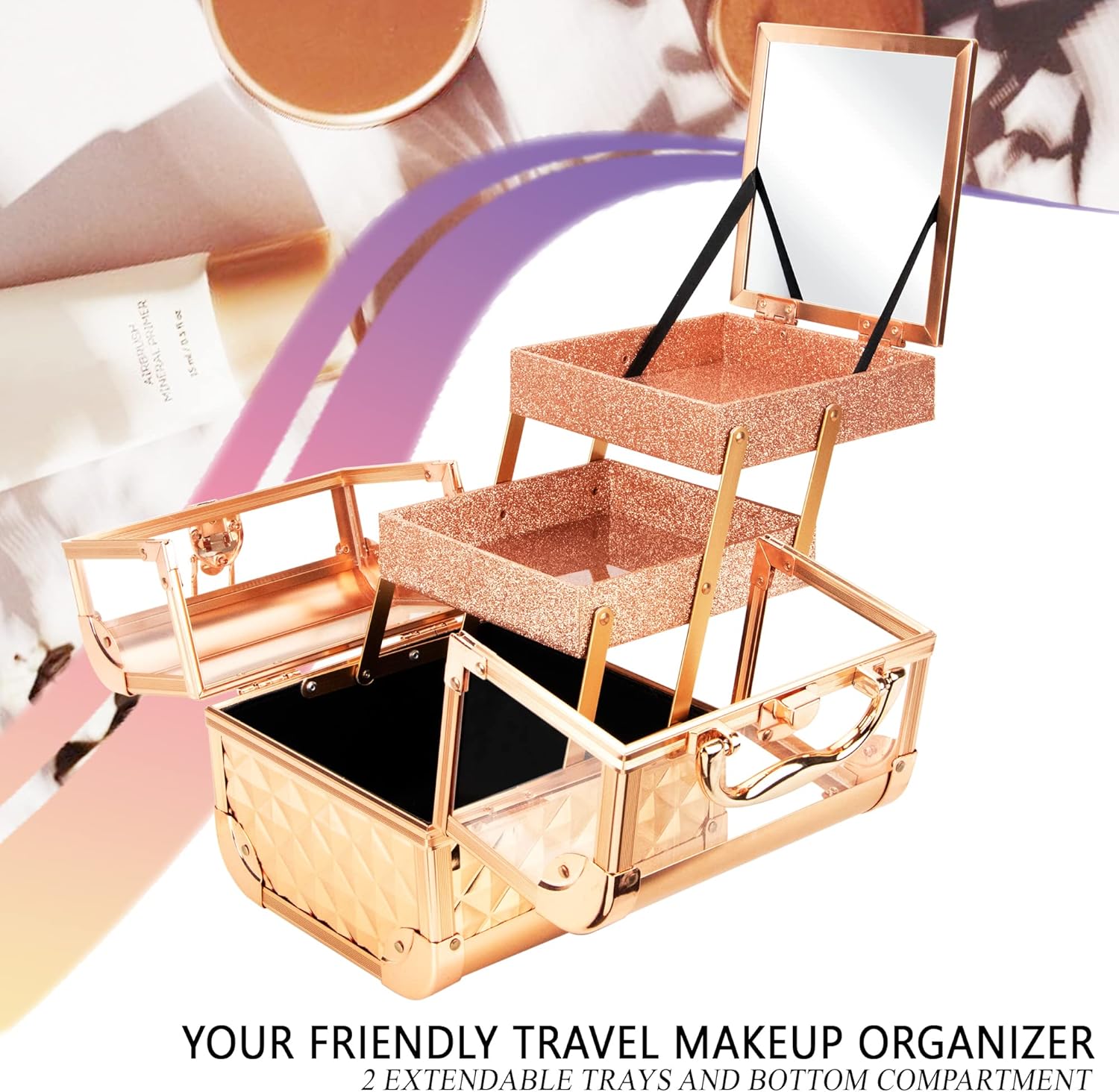 Private Label Ver Beauty Makeup Box Cosmetic Train Case with Clear Armored Acrylic Jewelry Organizer with 2 Tiers Trays and Mirror Lockable Portable Travel Cosmetic Display Aluminum Case (Rose Gold Diamond) Custom Logo Service