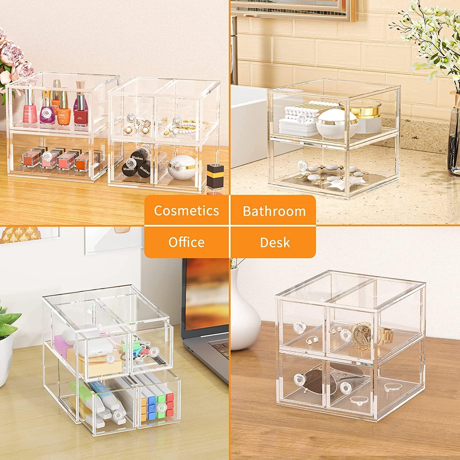 Private Label Acrylic Jewelry Box Clear Jewellery Storage Drawer Transparent Cosmetic Display Stand Holder Home Organizer Tray for Earring Necklace Rings Bracelet Makeup (2 drawer) Custom Logo Service