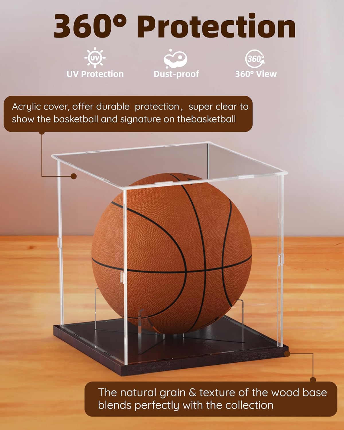 ODM Basketball Display Case Acrylic Clear, UV Protected Basketball Stand Box Full Size with Solid Wood Base, Soccer Display for Autographed Standard NBA WNBA Ball Memorabilia Keepsake, Ideal Gift Custom Logo Service