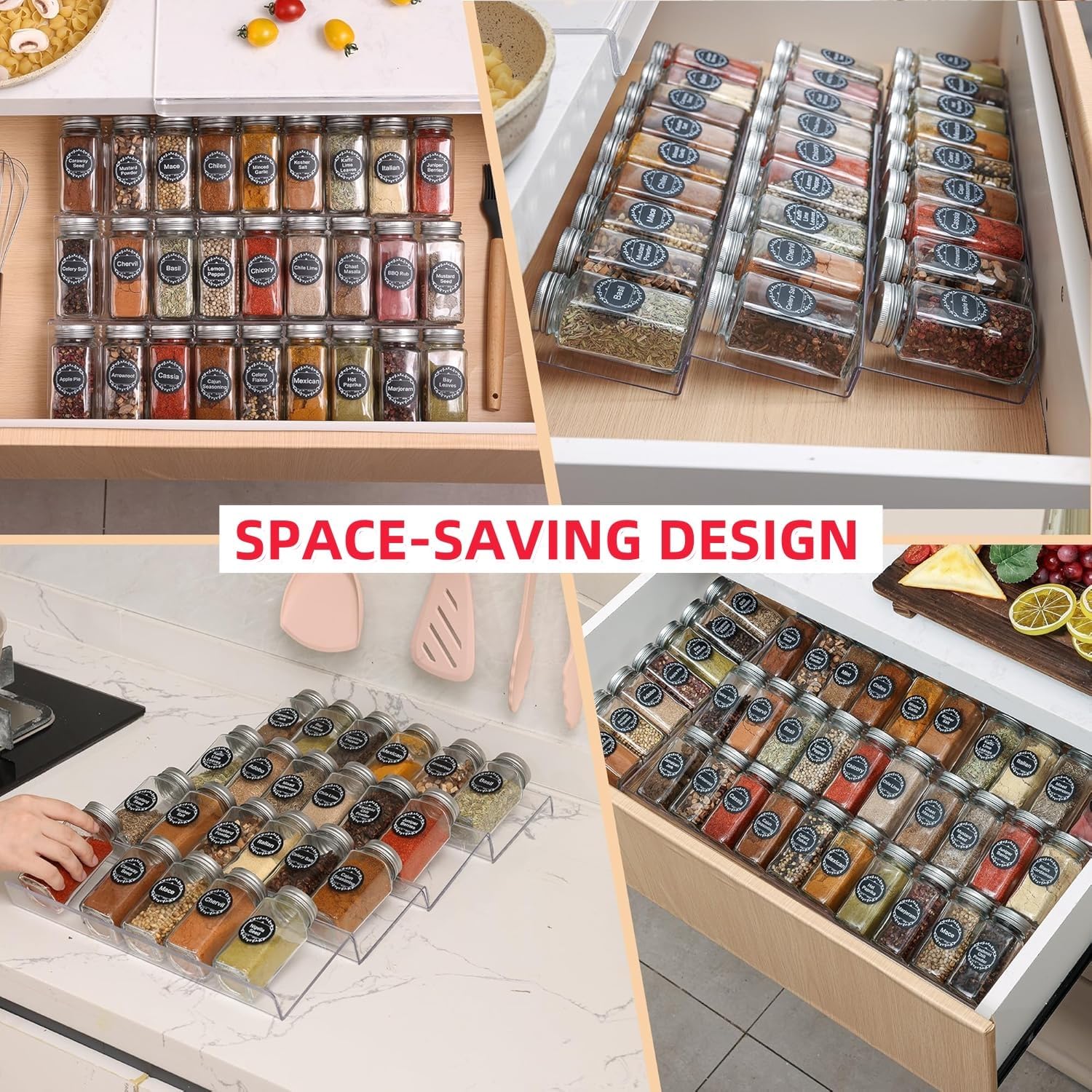 Private Label Goabroa Expandable Spice Organizer, 8 Pack 4 Tier Clear Spice Rack, 13" to 26" Wide, Kitchen Spice Organization for Drawer/Countertop Dropshipping Friendly