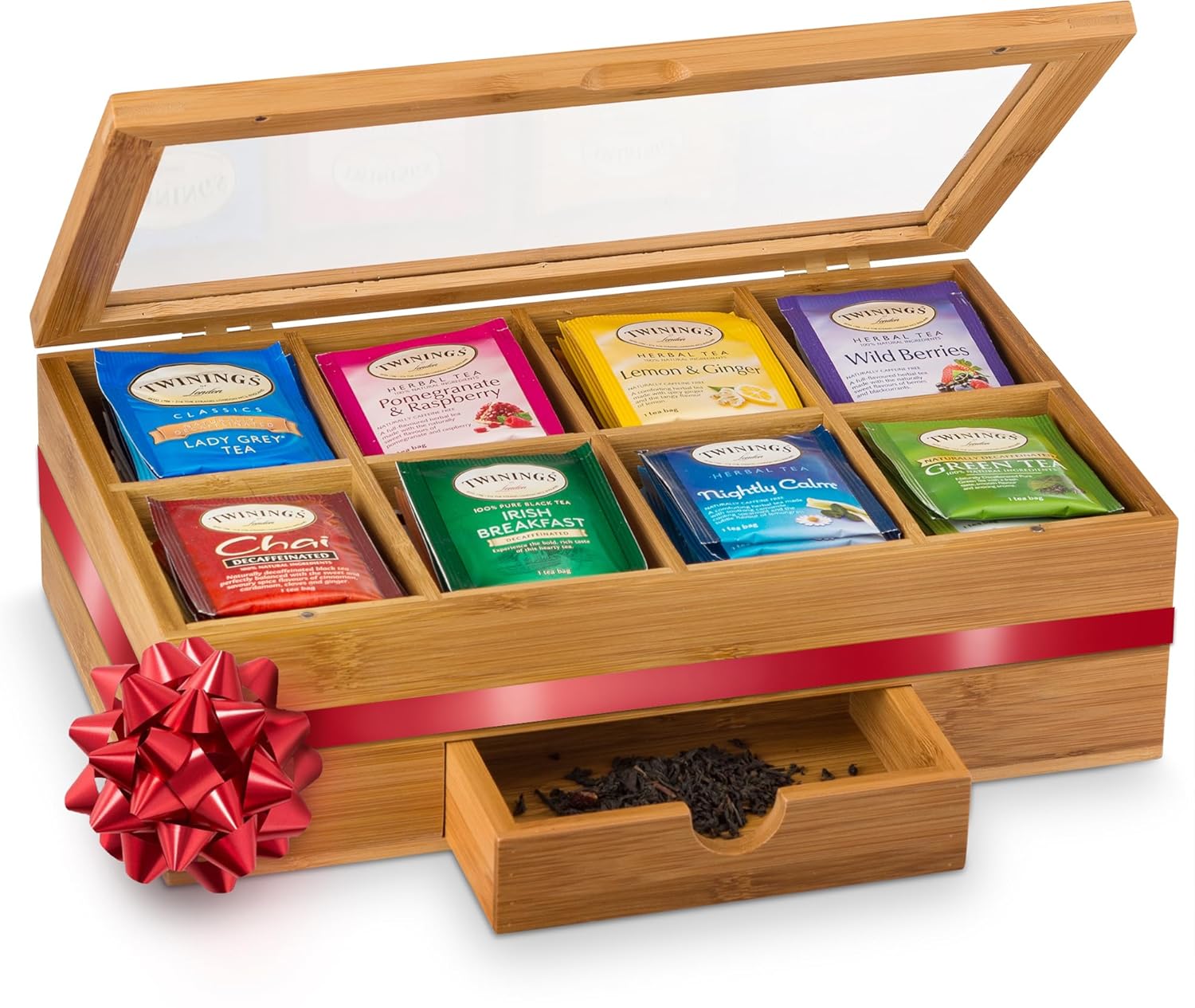 Bamboo Tea Bag Organizer Storage Box with Drawer & Acrylic Window - Magnetic Lid Keeps Contents Fresh - Ideal Mothers Day Gifts for Mom - Gift Caddy (Tea Not Included)
