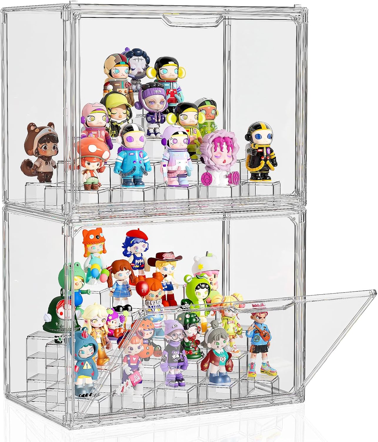 JOYZAN Acrylic Display Case 2 Pack Display Boxes for Collectibles, Figure Display Case with Magnetic Door, Stackable Clear Box with Moveable Cylindrical Modules for Popmart, Funko, Doll