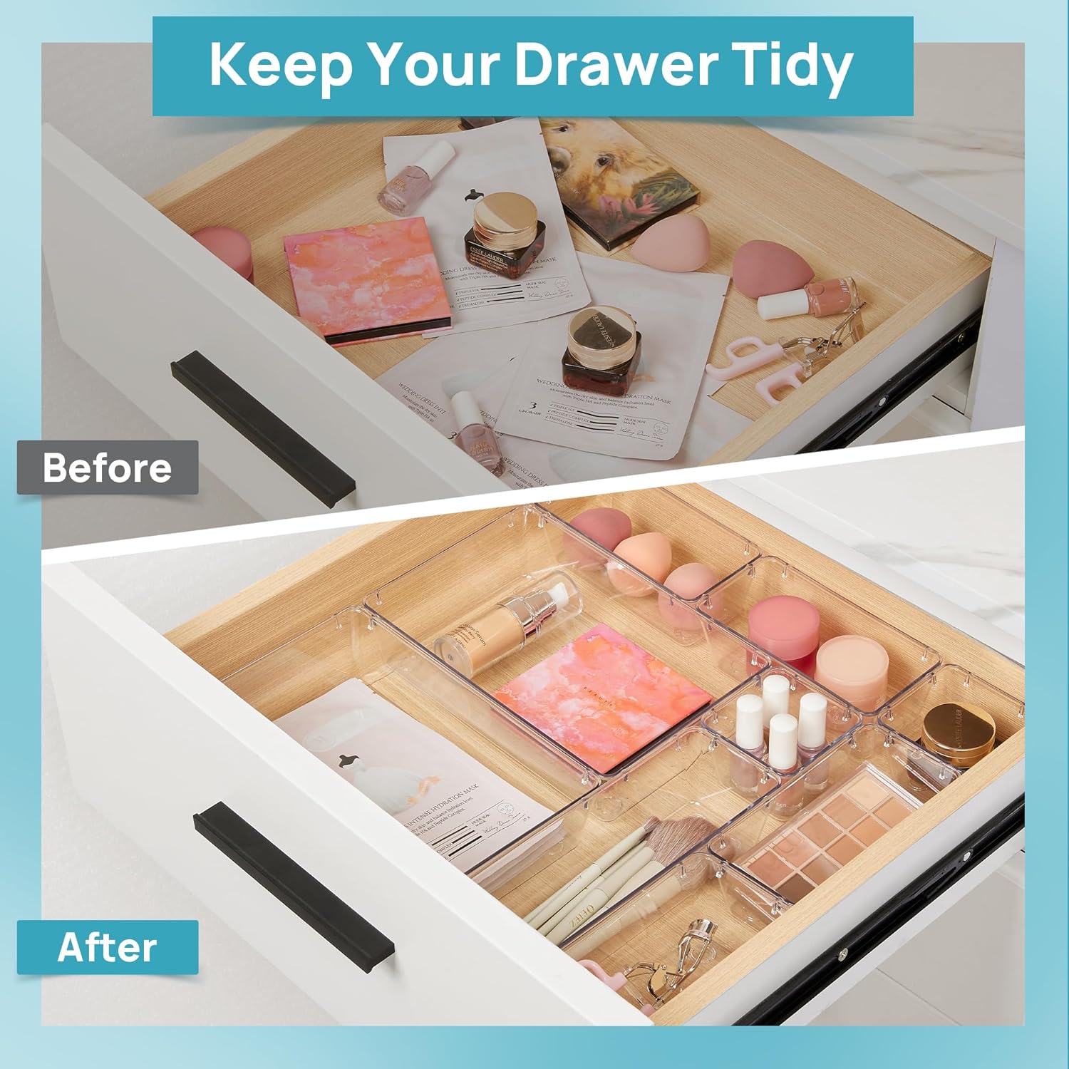 Private Label Vtopmart 10 Pcs Makeup Drawer Organizer Bins Set, 4 Size Plastic Makeup and Vanity Organizer Trays, Clear Acrylic Vanity Storage Containers for Cosmetics, Toiletries, Jewelry, Gadgets, Office Supply Factory Direct Price