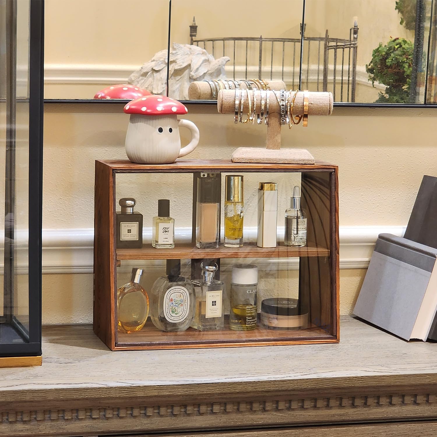 Wholesale OEM ODM MOOCA Tempered-Glass Wood Display Case with Double Doors, Adjustable 2-level Collection Display Case for Mini Funko Pop Figures, Bakery Pastry Container, Jewelry Organizer Storage, Brown Color Factory & Supplier