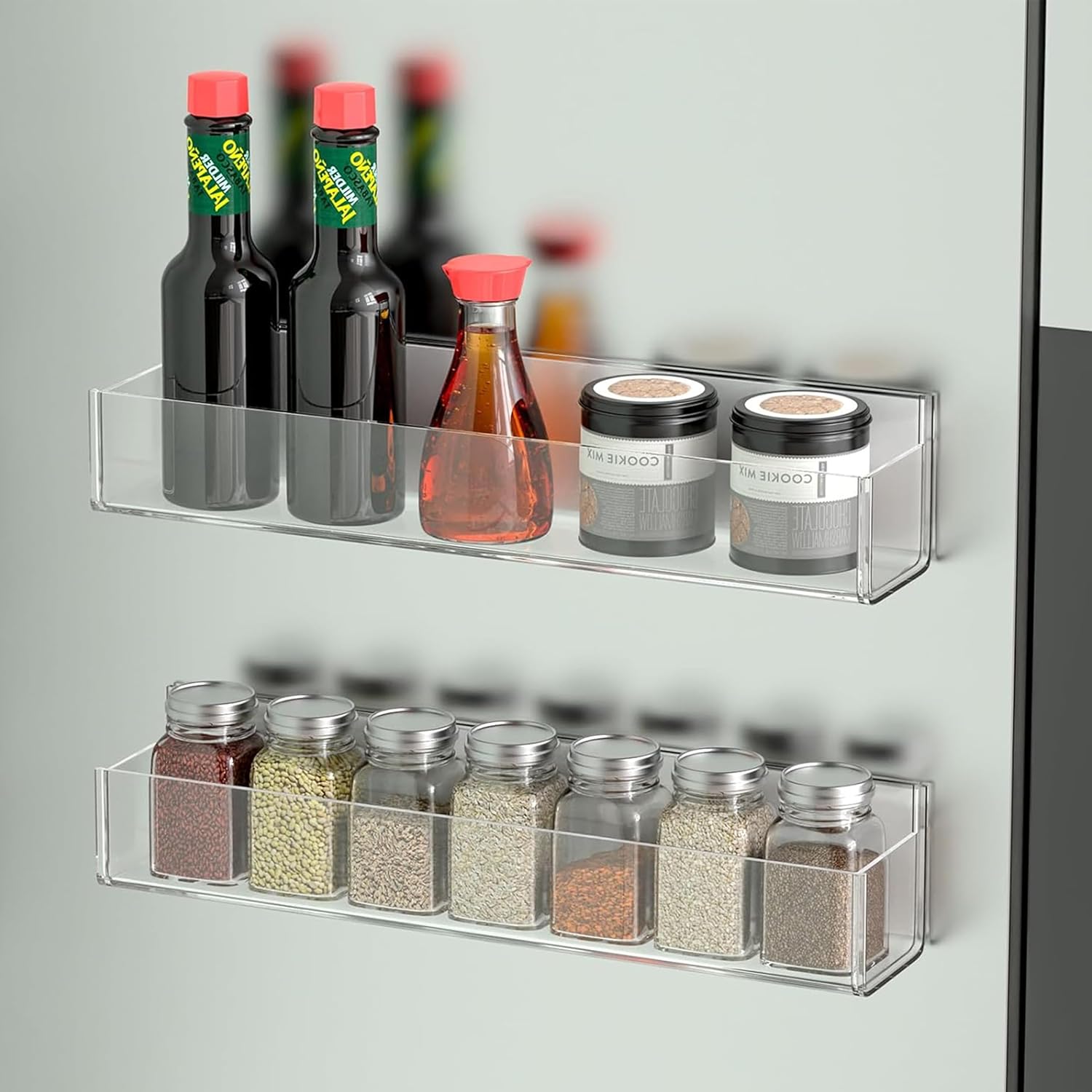 Private Label PMMASTO Adhesive Acrylic Spice Rack Organizer for Wall with Nano Double Sided Tape, Spice Shelf Organization for Kitchen Cabinet Door/Pantry Door, Wall Mount Seasoning Rack (Clear-2 Pack) Dropshipping Friendly