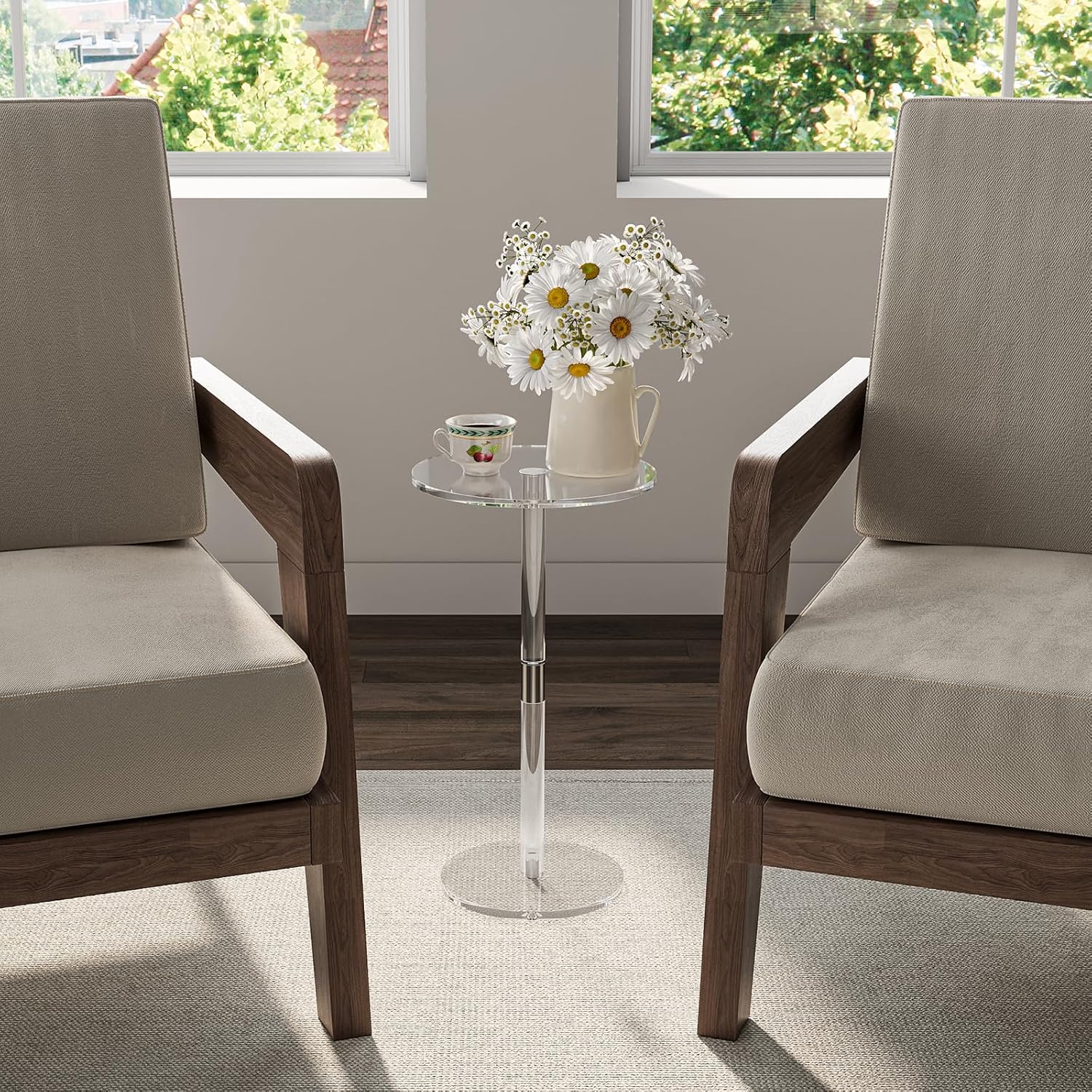 Private Label HMYHUM Acrylic Drink Table for Small Spaces, 11.8" L x 11.8" W x 21.3" H, Clear Pedestal Side Table for Living Room, Round, Easy Assembly OEM Wholesale Manufacturer