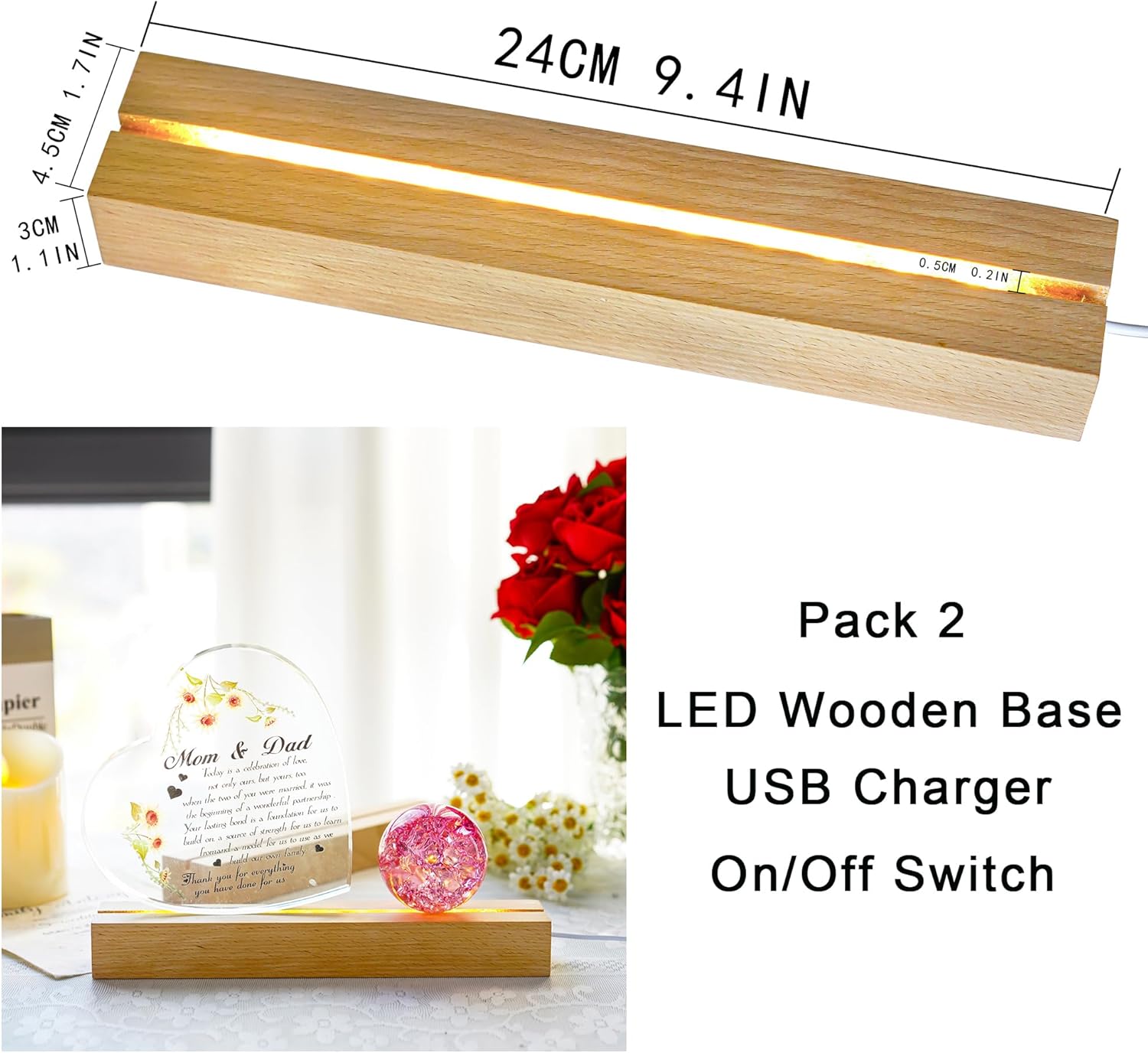 Private Label ZEERSHEE 2 Pcs 9.4 Inch Wooden Rectangle LED Light Display Pedestal for Acrylic and Plexiglass Crystal Glass Resin Night LED Light Lamp Base with USB Switch(Warm Light) OEM Wholesale Manufacturer