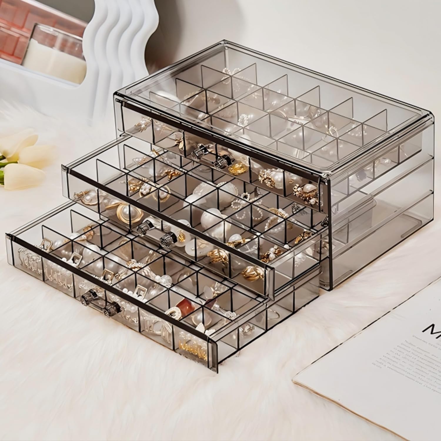 Direct Manufacturer Grey Acrylic Earring Storage Organiser with 3 Drawers - Jewelry Box for Rings, Earrings, Necklaces, Makeup - Adjustable Earring Holder and Cosmetic Organizer (Grey) Low MOQ