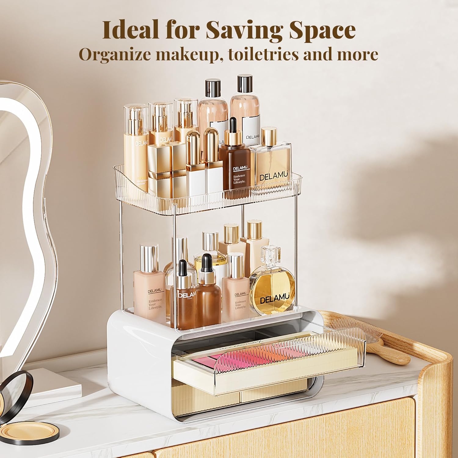 Private Label Delamu Bathroom Counter Organizer 2-Drawers 2-Tier Acrylic Makeup Organizer for Vanity Countertop, Skincare Perfume Storage, Easy Assembly, Ideal Gift for Women, Bath Linen Sets, Clear Factory Direct Price
