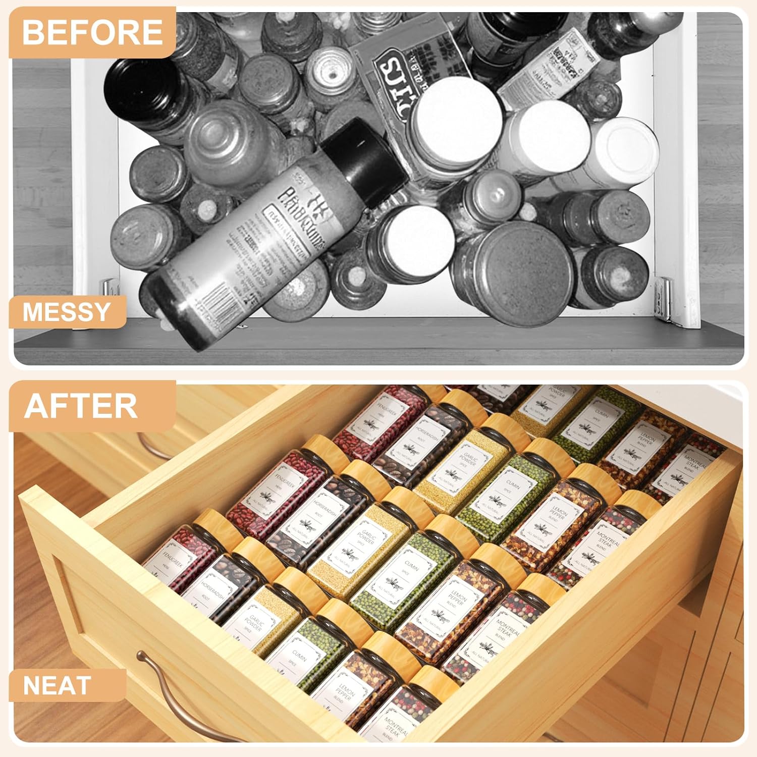 Private Label 24 Spice Jars with Spice Drawer Organizer, 355 Spice Labels, 4 Pack Expandable From 11'' to 21'' Acrylic Spice Rack for Drawer, Seasoning Containers Storage Organization for Kitchen Cabinet Countertop Dropshipping Friendly